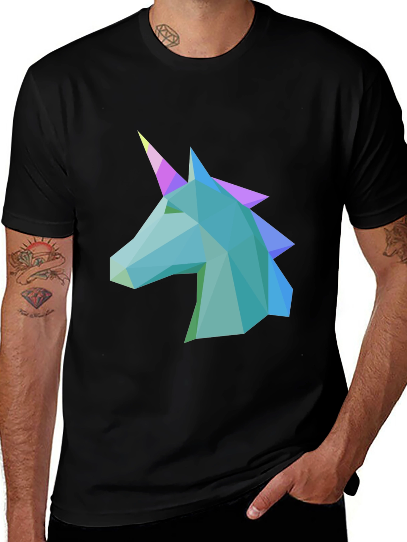 Geometric Unicorn Graphic Tee - Stylish Men's Black T-Shirt
