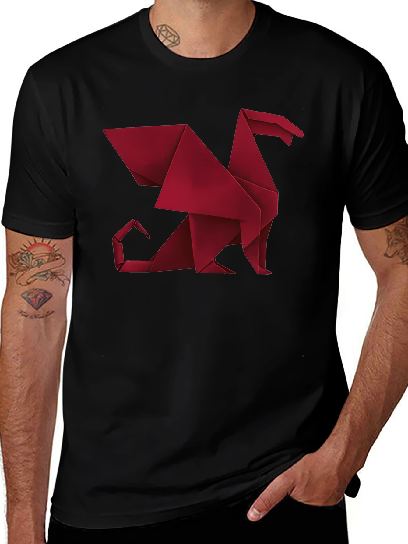 Origami Dragon Graphic Tee - Stylish Men's Black T-Shirt