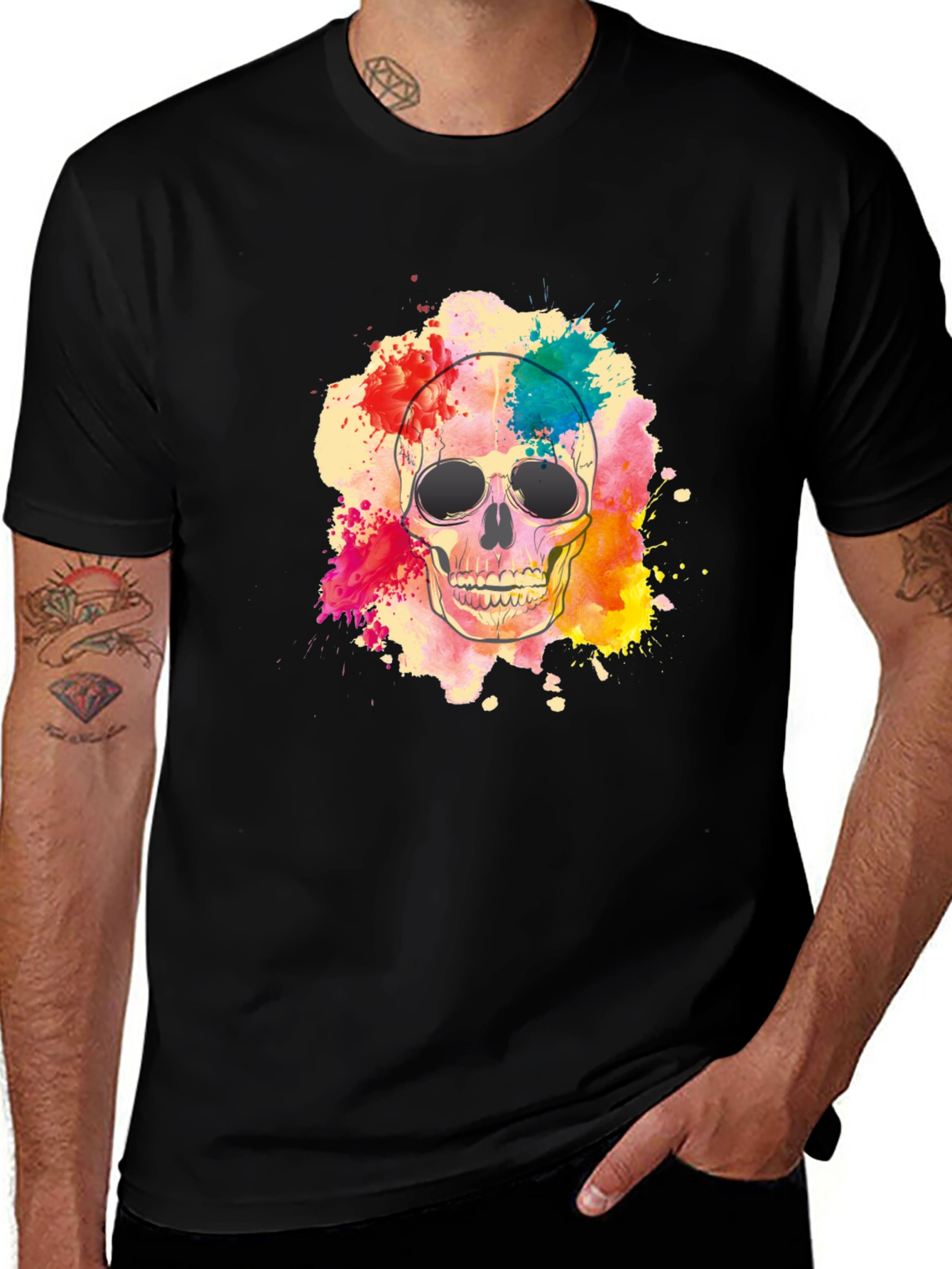 Variant 10 of Skull Watercolor Graphic Tee - Stylish Men's Black T-Shirt