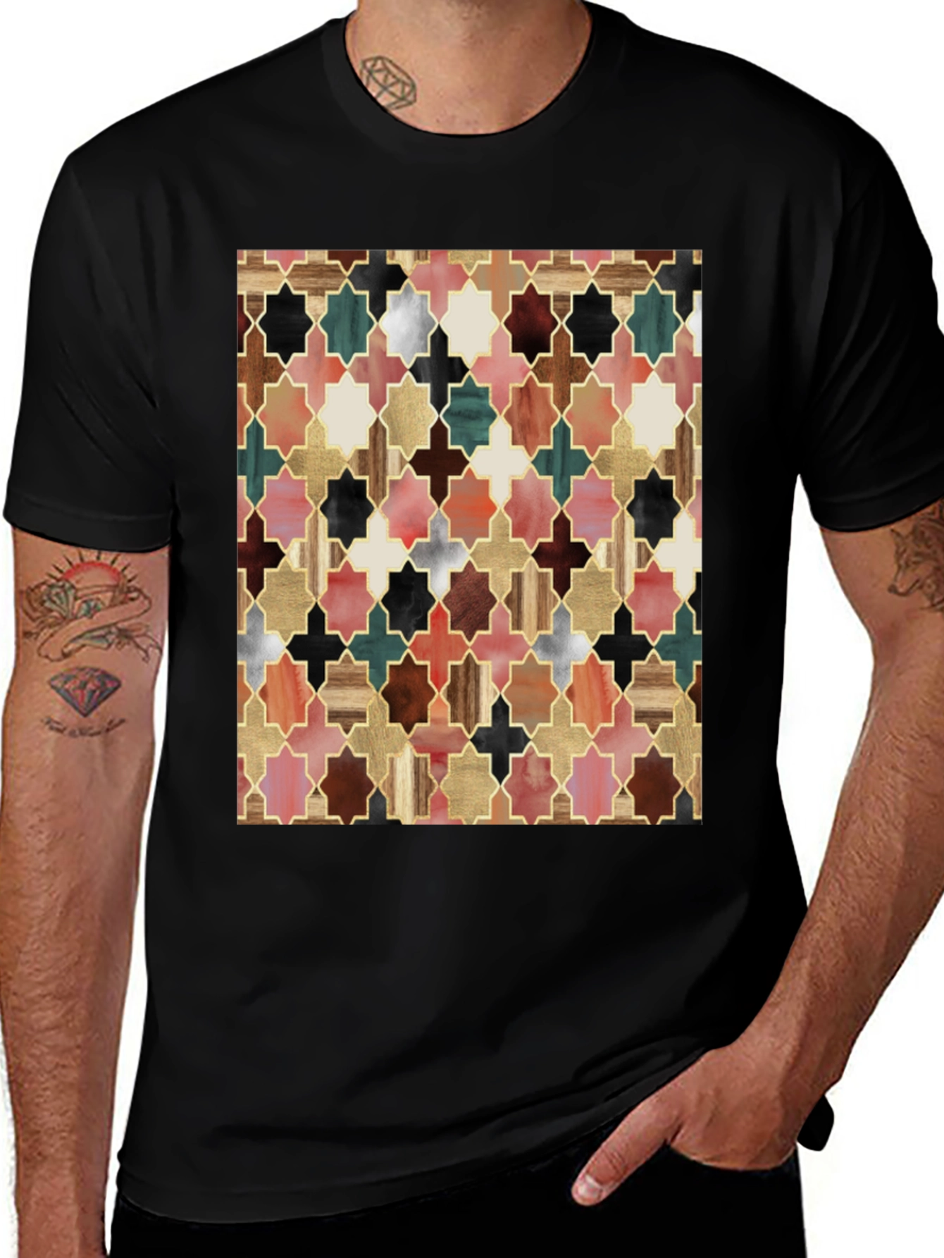 Variant 9 of Geometric Tile Pattern Black T-Shirt