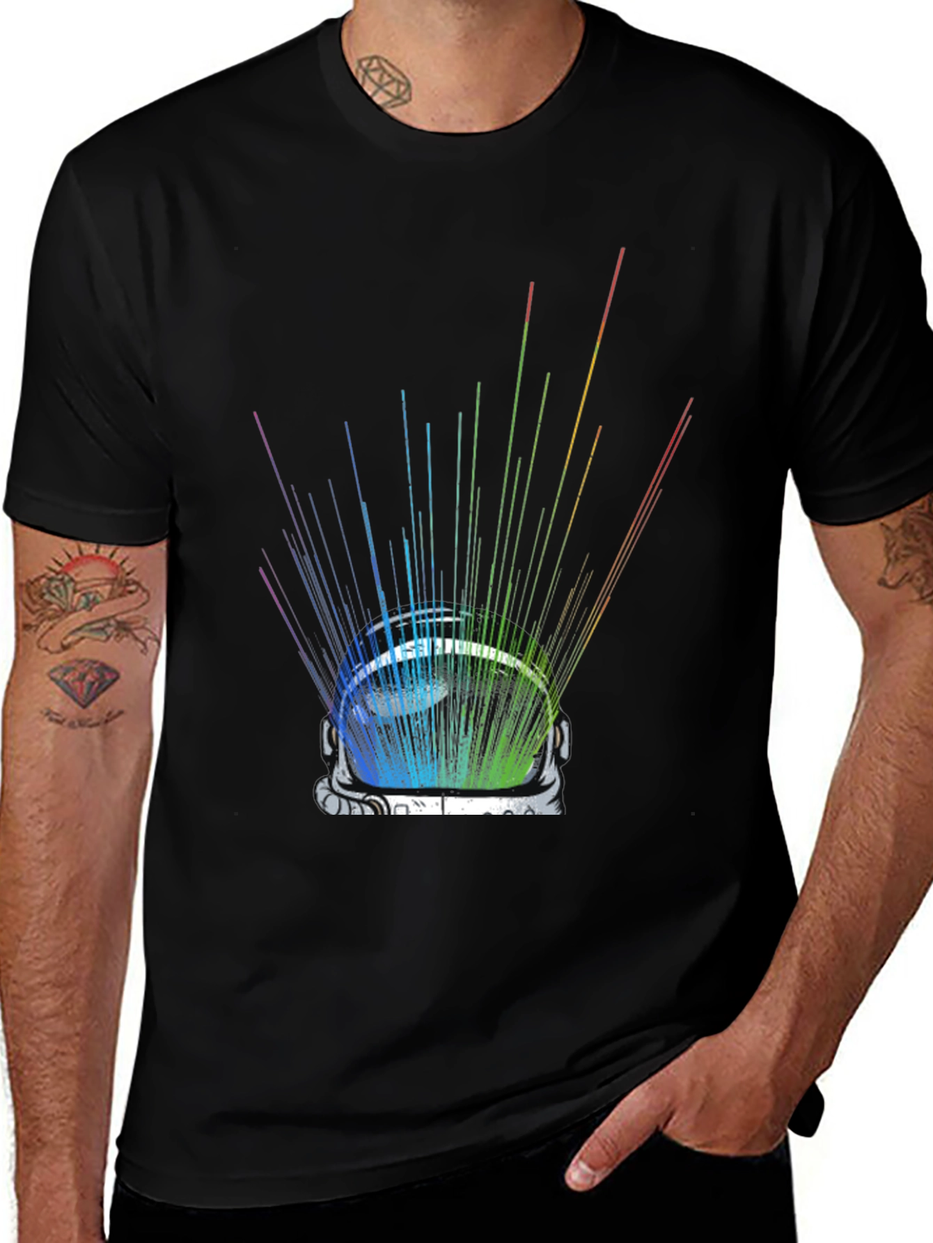 Rainbow Astronaut Helmet Graphic Tee - Black