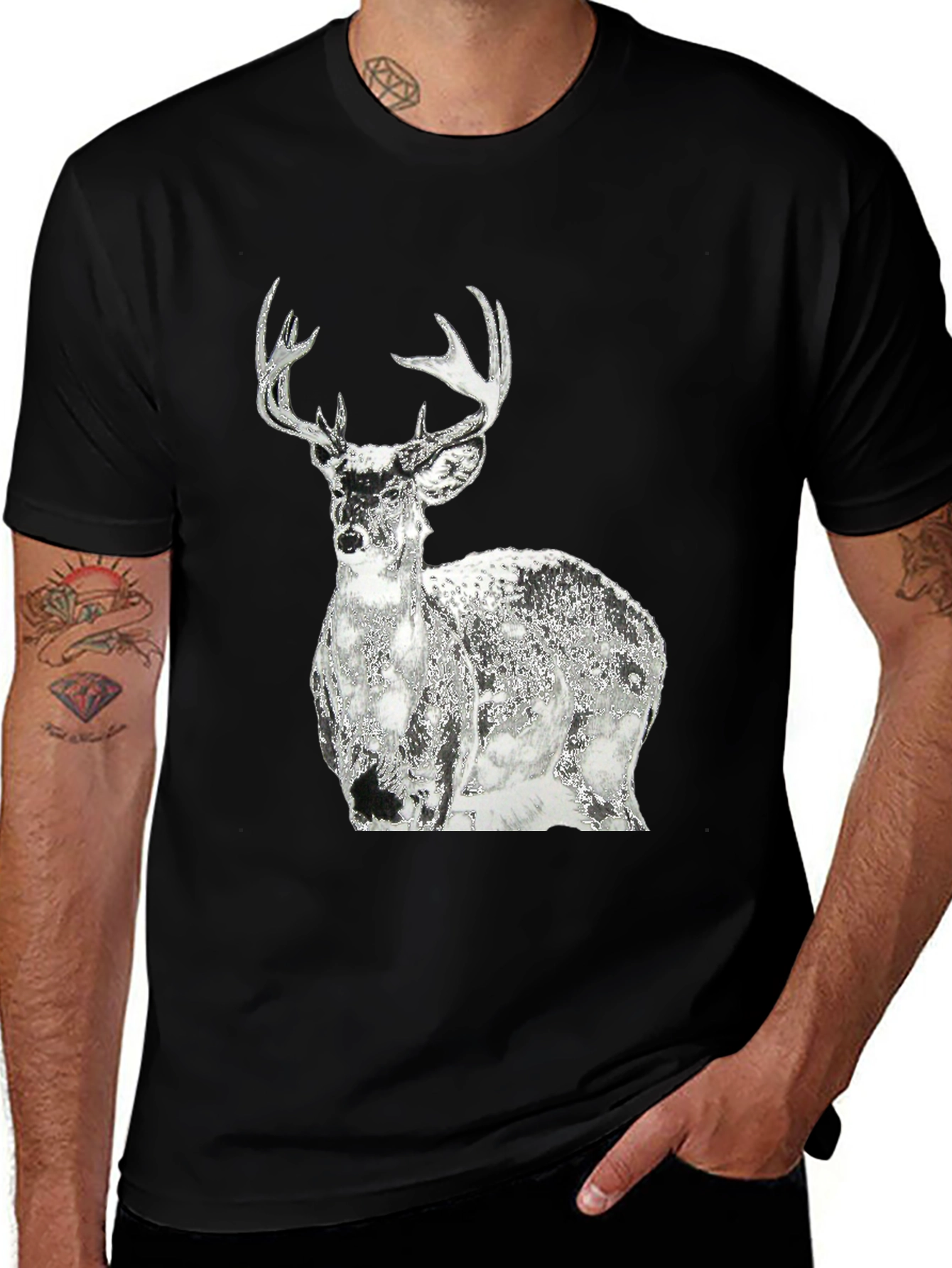 Variant 6 of Men's Black T-Shirt with Graphic Deer Design