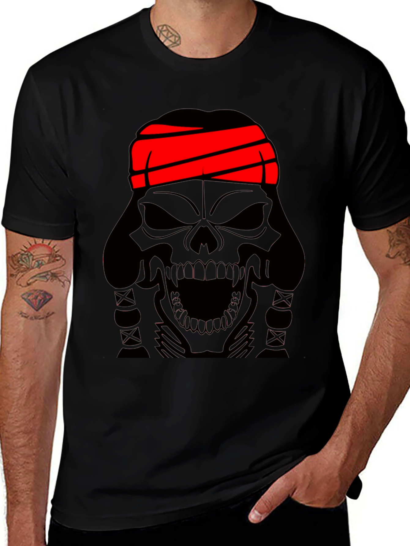 Variant 18 of Skull T-Shirt - Black Graphic Tee with Red Headband
