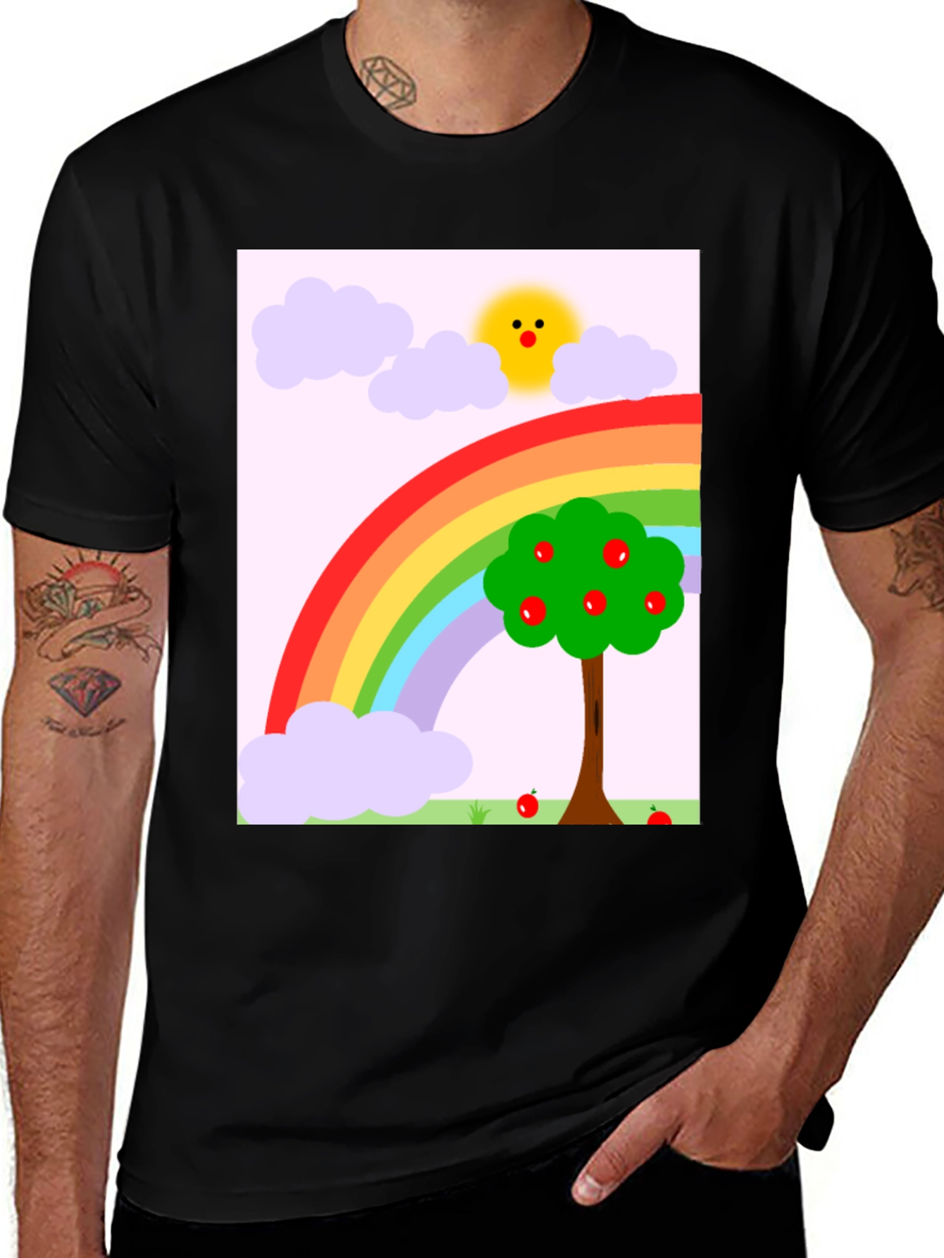 Rainbow Apple Tree Graphic Tee - Black Cotton T-Shirt