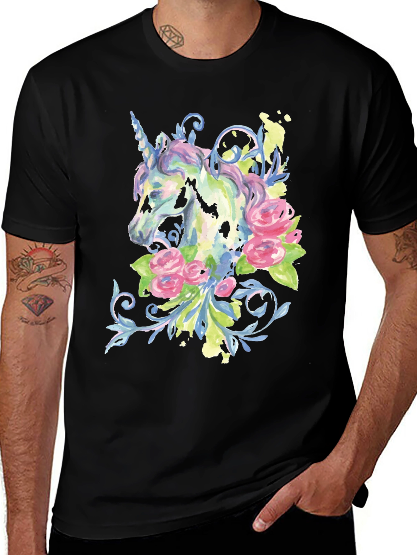 Variant 9 of Unicorn Floral Graphic Black T-Shirt