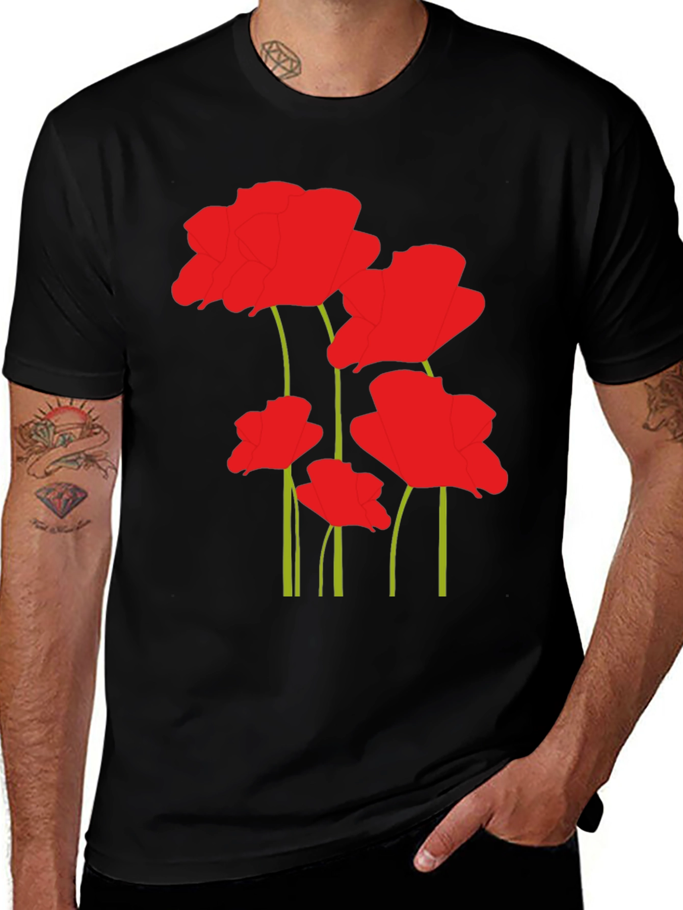 Variant 7 of Floral Poppy Print Black T-Shirt