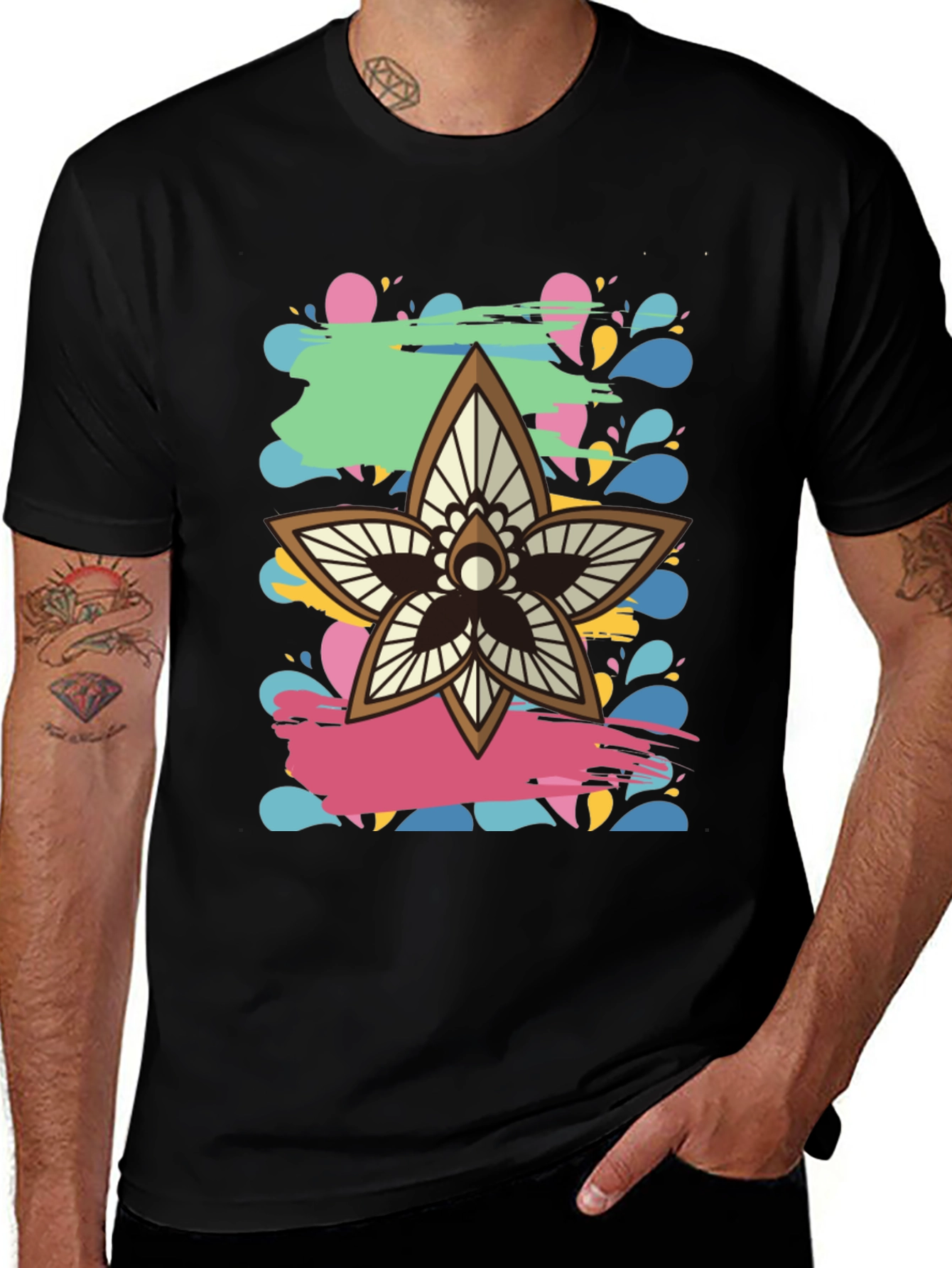 Variant 11 of Floral Mandala Graphic Tee - Black Cotton Blend T-Shirt