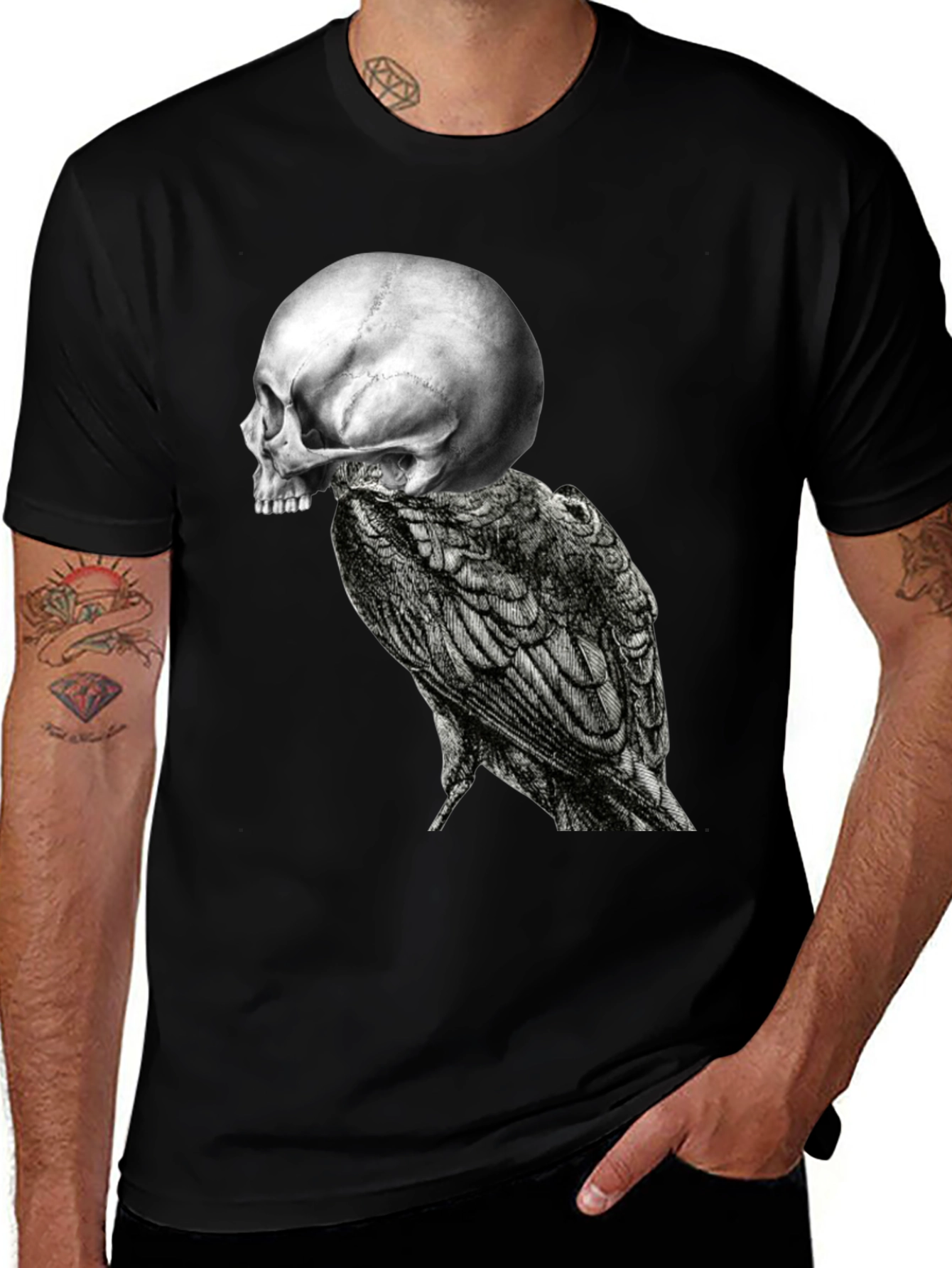 Variant 29 of Skull & Raven Graphic Tee - Black Cotton Blend