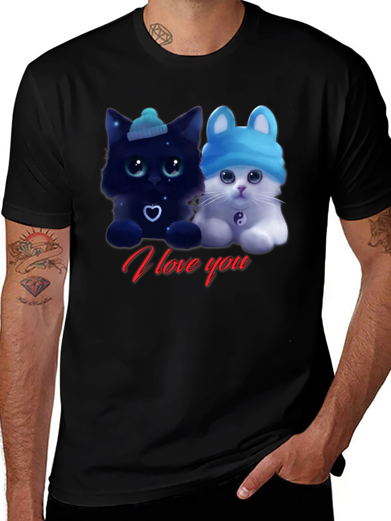 Cute Kitties 'I Love You' Black T-Shirt