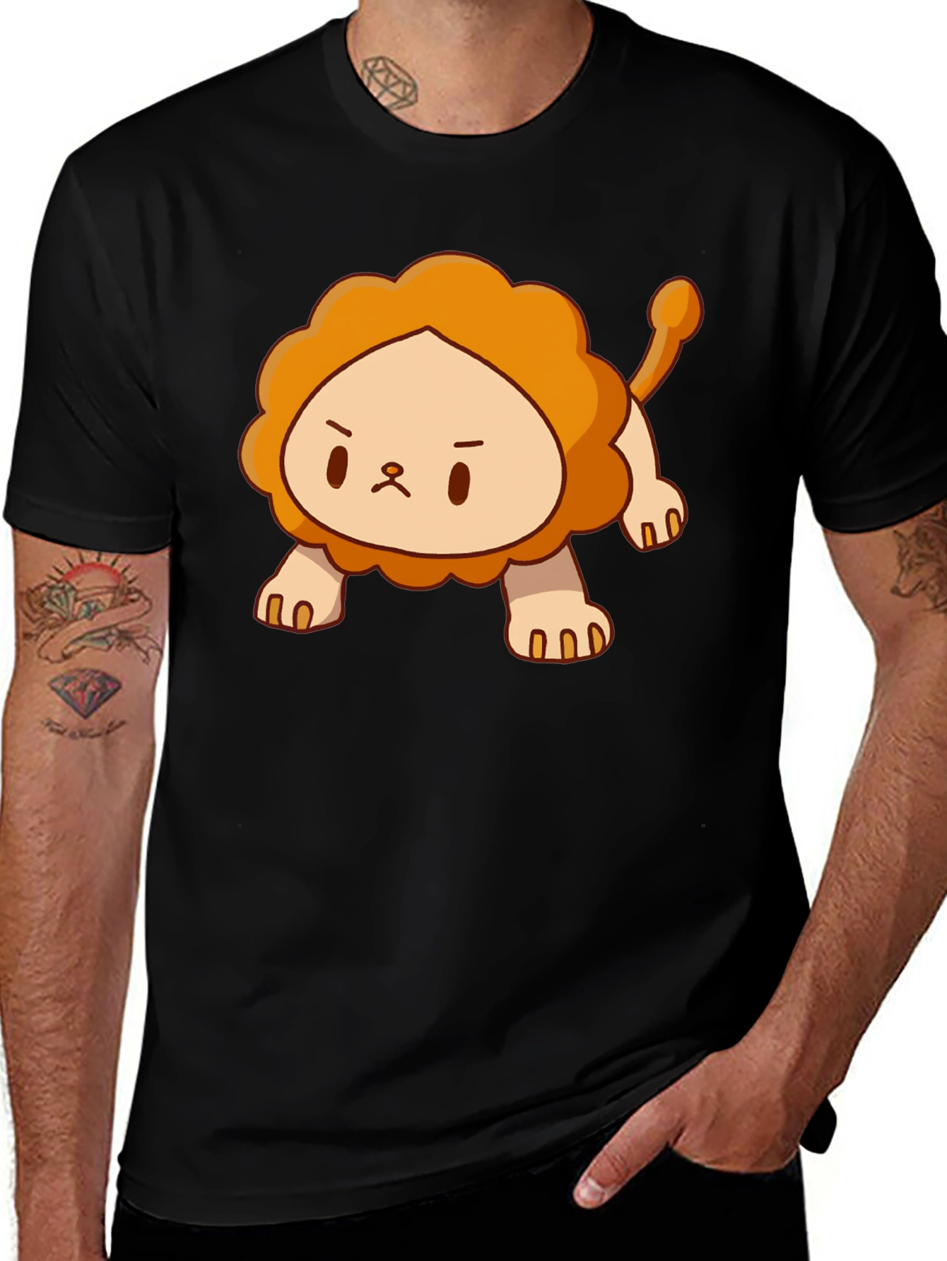 Cute Angry Lion Cartoon Black T-Shirt