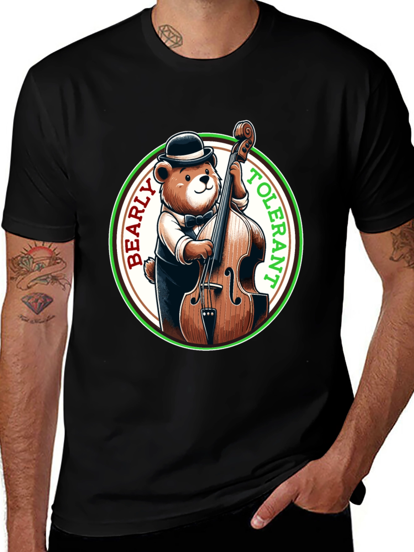 Variant 14 of Bearly Tolerant Bear Bassist T-Shirt