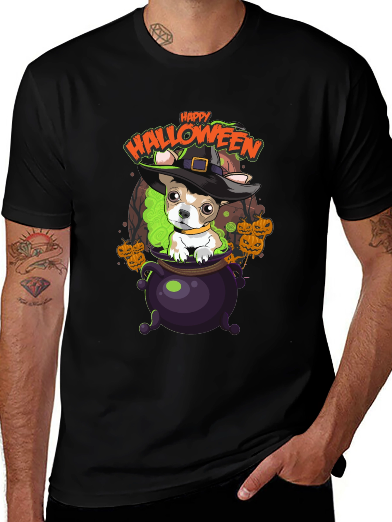 Happy Halloween Dog in Cauldron T-Shirt