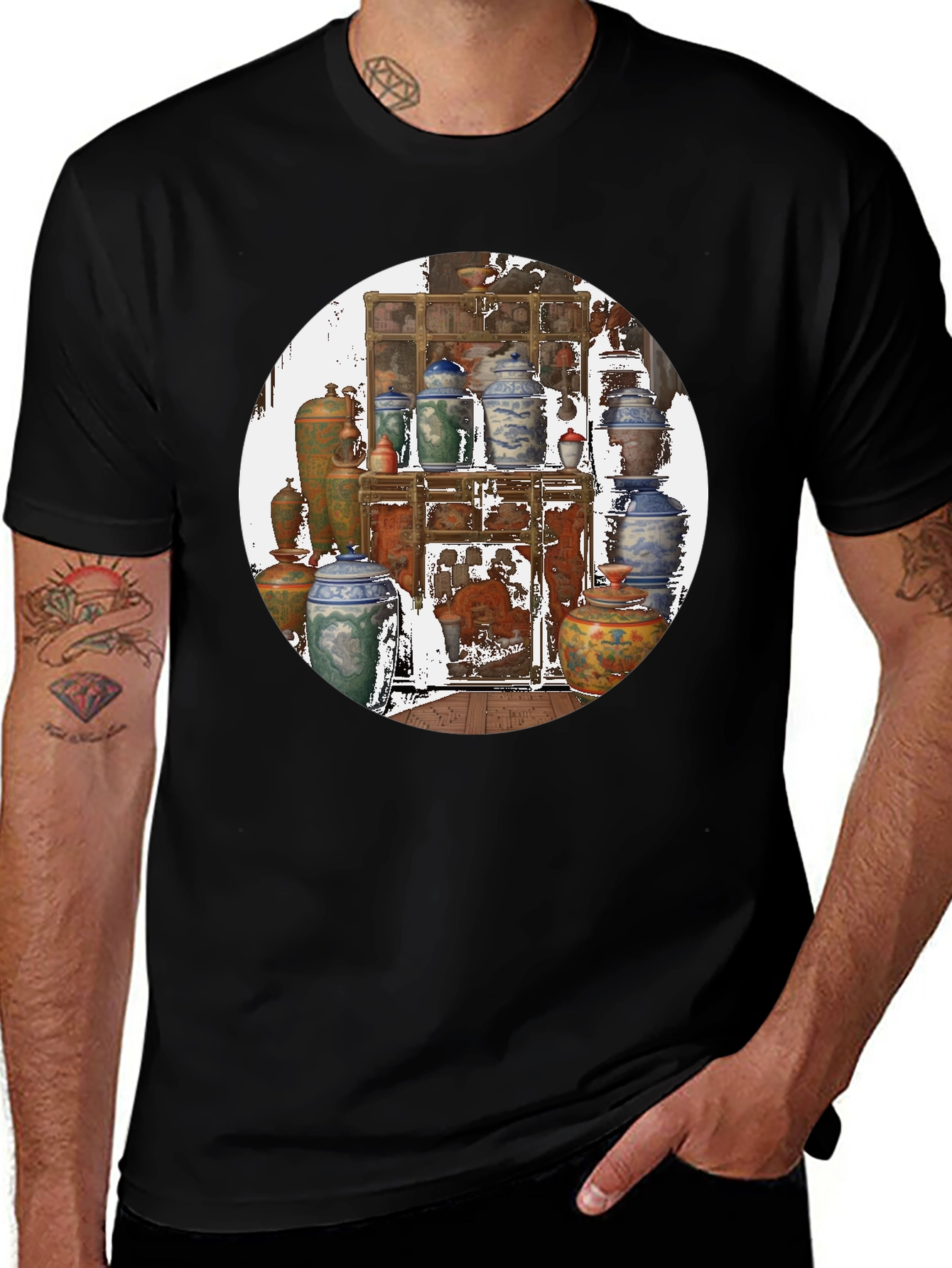 Variant 5 of Artistic Black T-Shirt With Vase Print