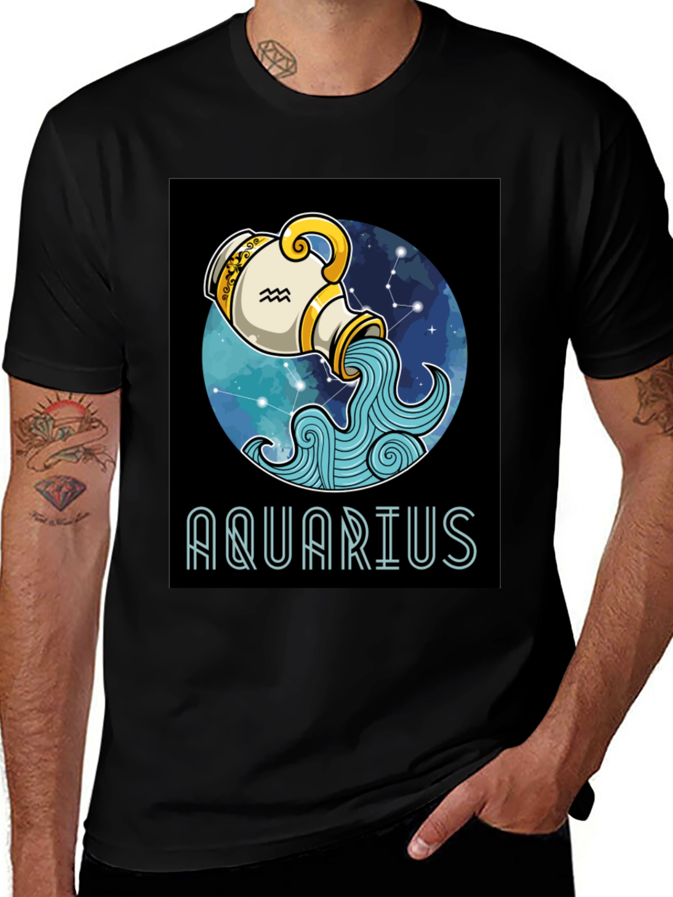 Aquarius Zodiac T-Shirt - Black Cotton Blend