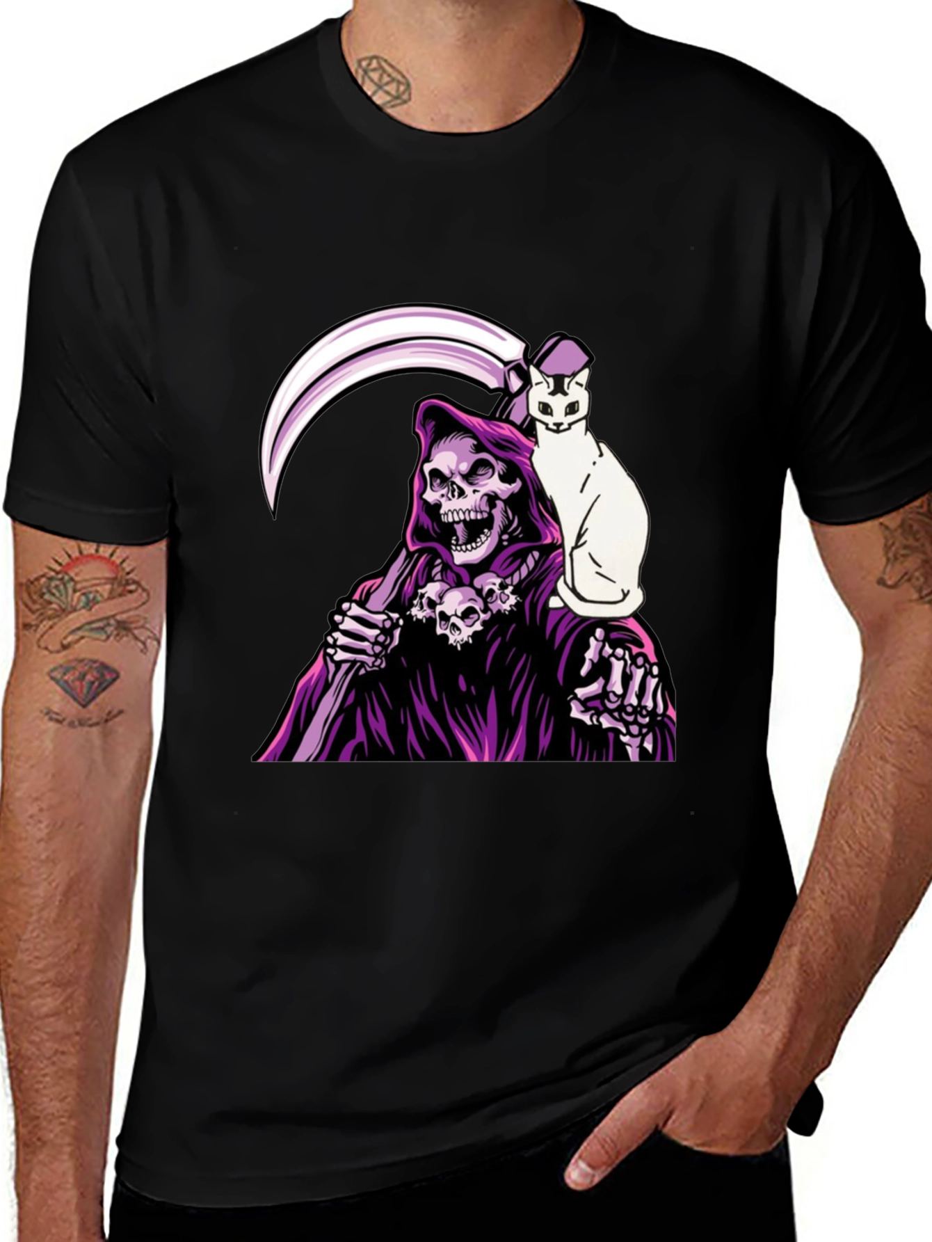 Variant 26 of Grim Reaper & Cat Graphic Tee - Black