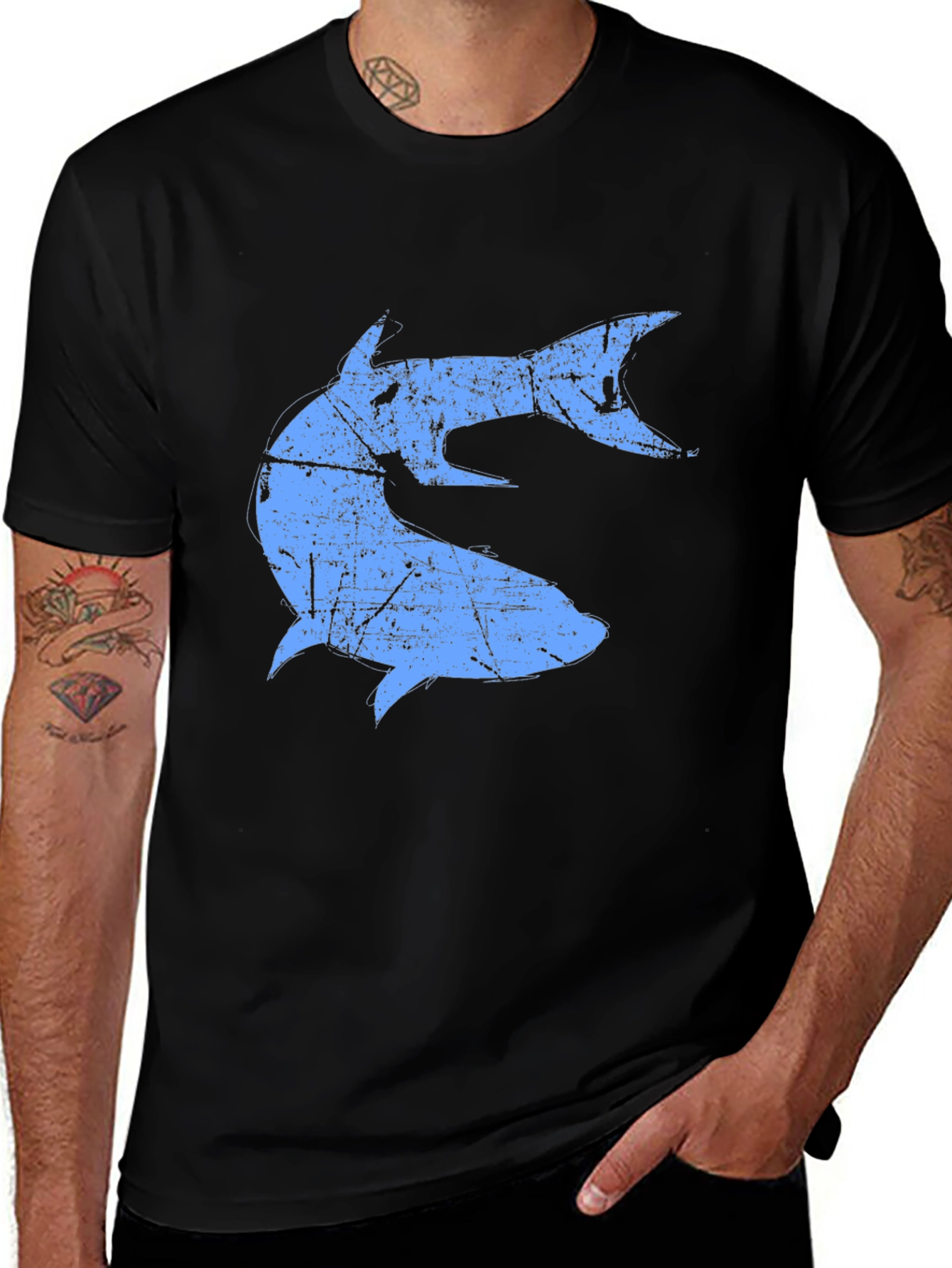 Variant 22 of Distressed Blue Shark Graphic Black T-Shirt