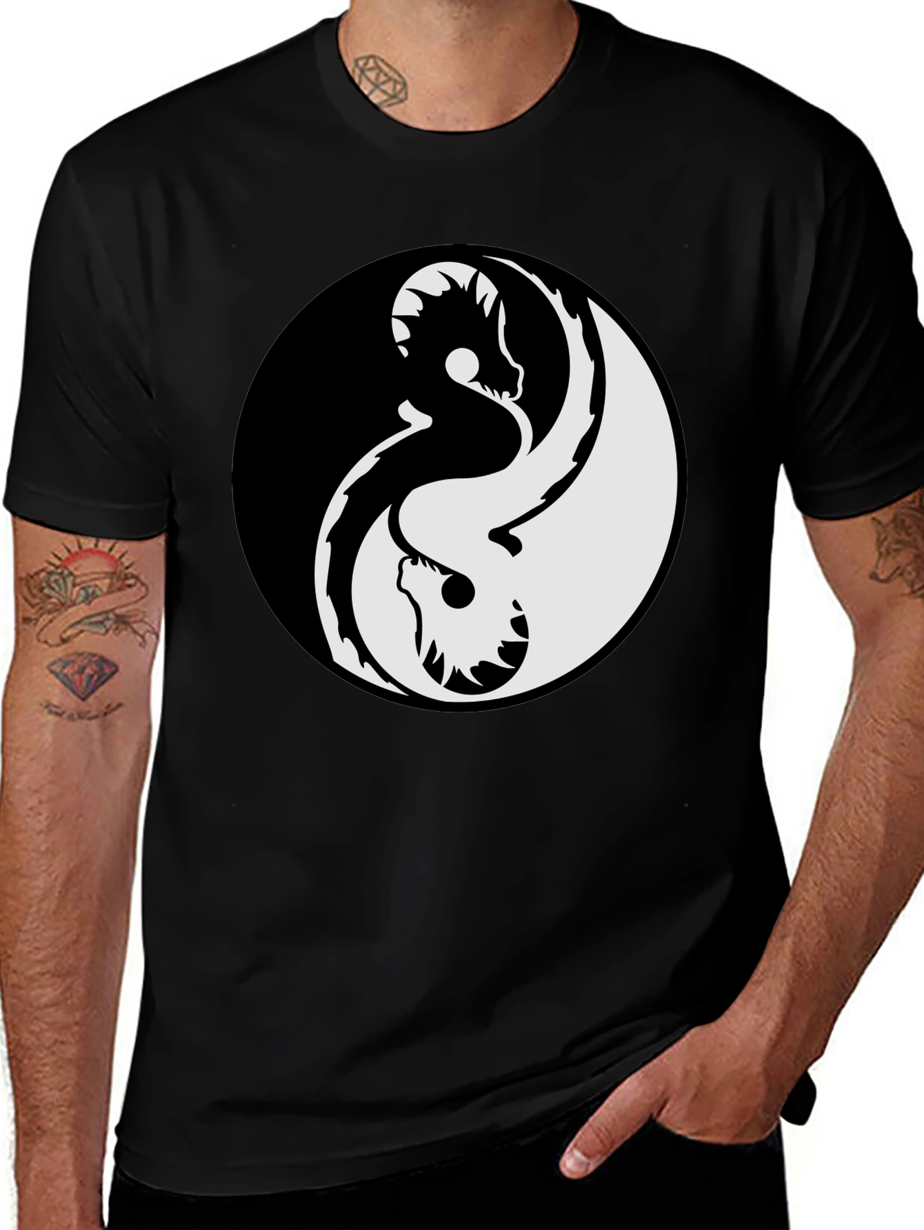 Yin Yang Dragon Graphic Tee - Black Cotton Blend T-Shirt