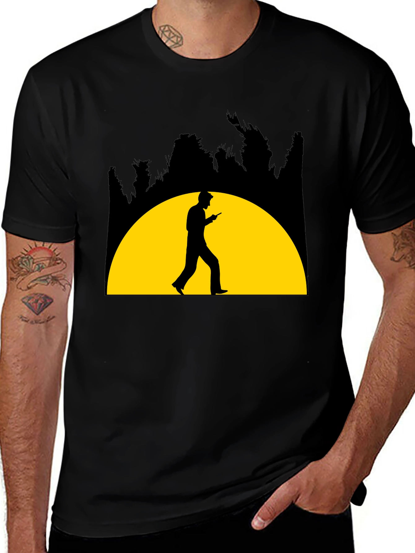 Variant 30 of Man Silhouette Sunset Graphic Tee - Trendy Black T-Shirt
