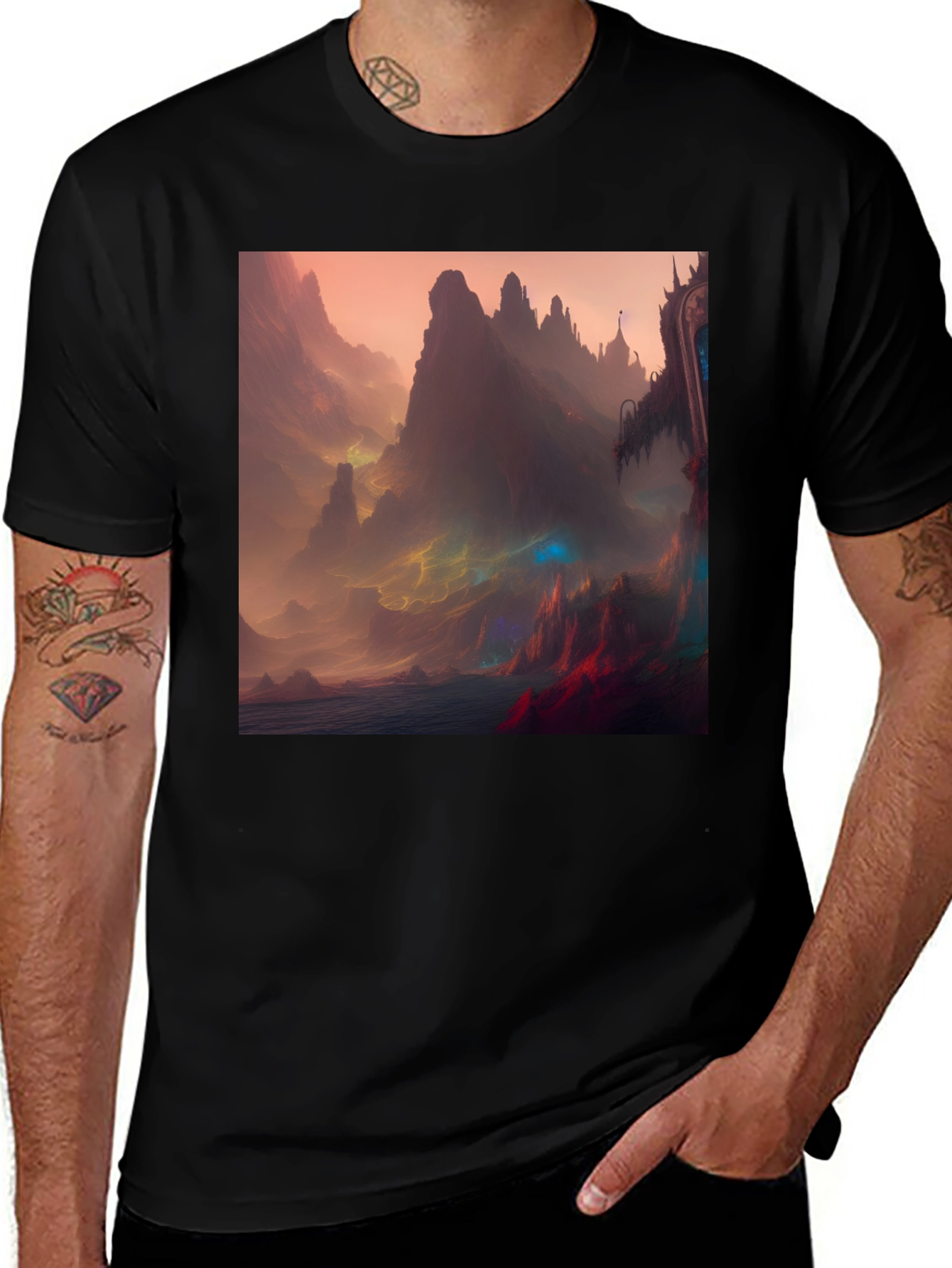 Variant 12 of Fantasy Landscape Graphic Tee - Black Crew Neck
