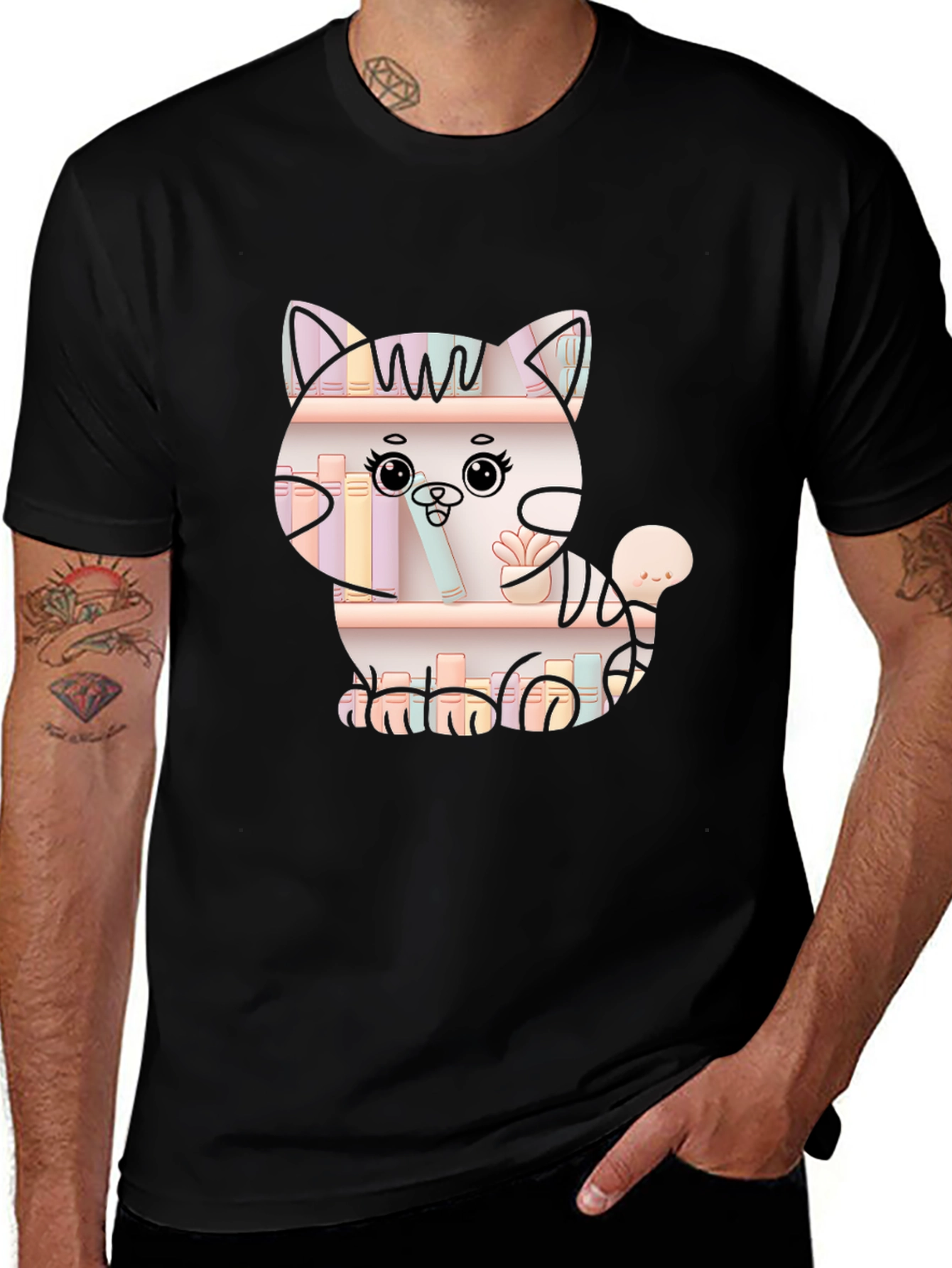 Cat on Bookshelf Graphic T-Shirt