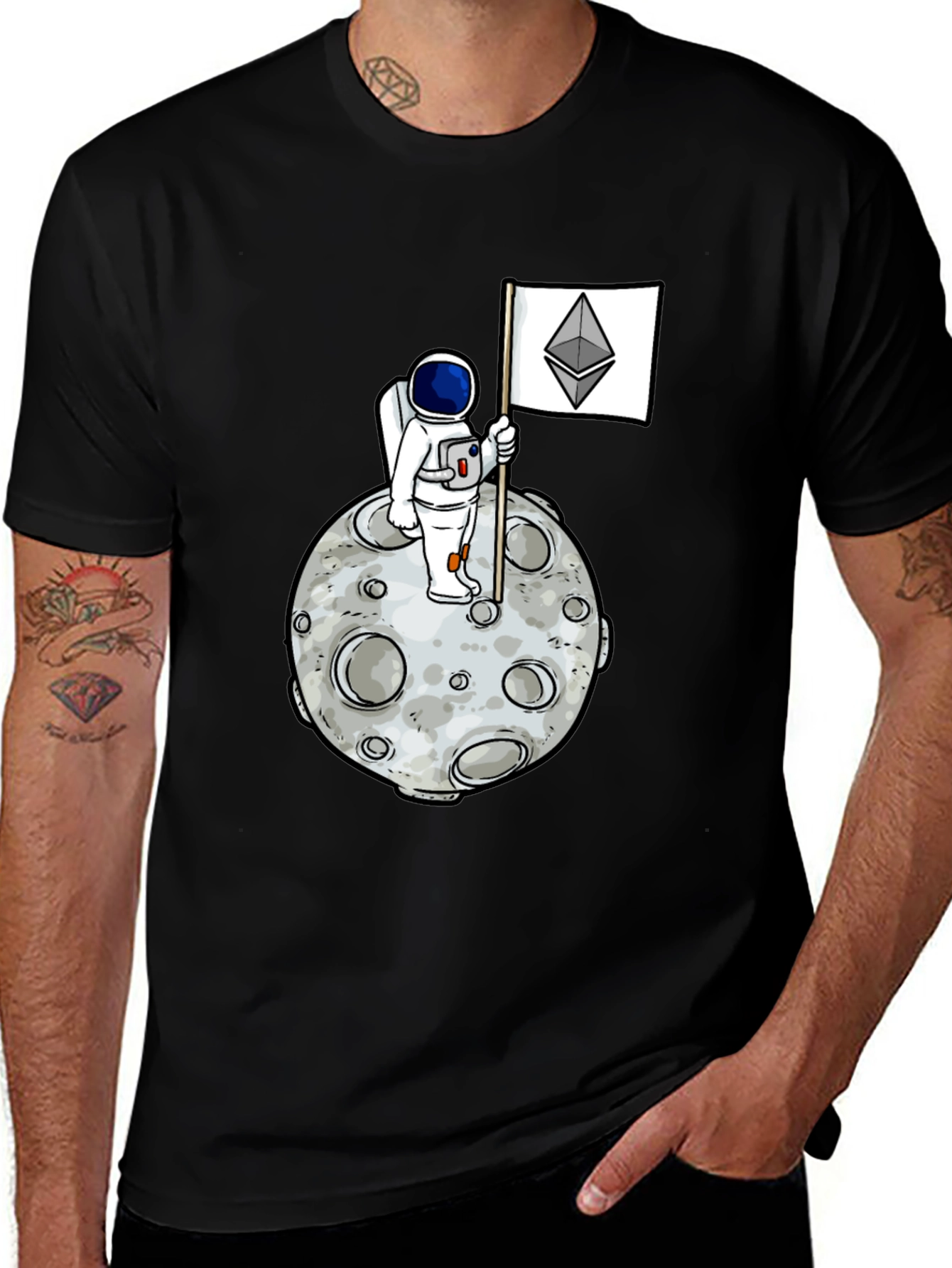 Variant 27 of Astronaut Ethereum Flag Graphic Tee - Black Cotton Shirt