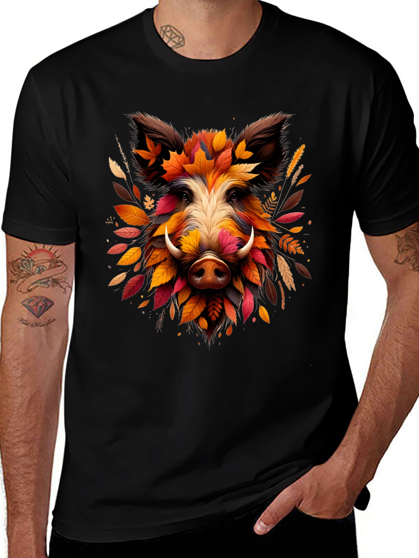 Variant 17 of Boar Leaf Design Tee - Autumn Animal Shirt