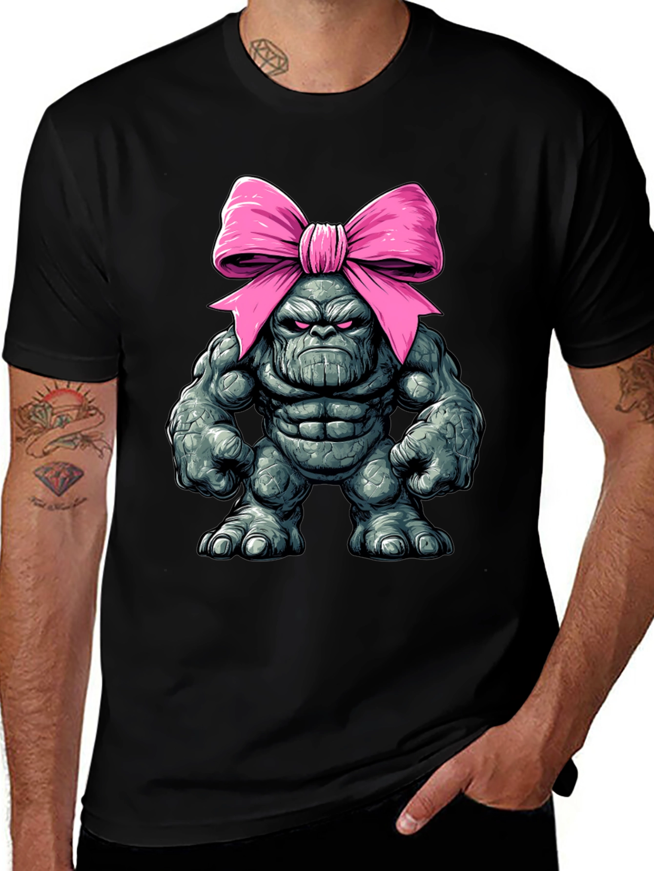 Black Funny Thanos with Pink Bow T-Shirt main image