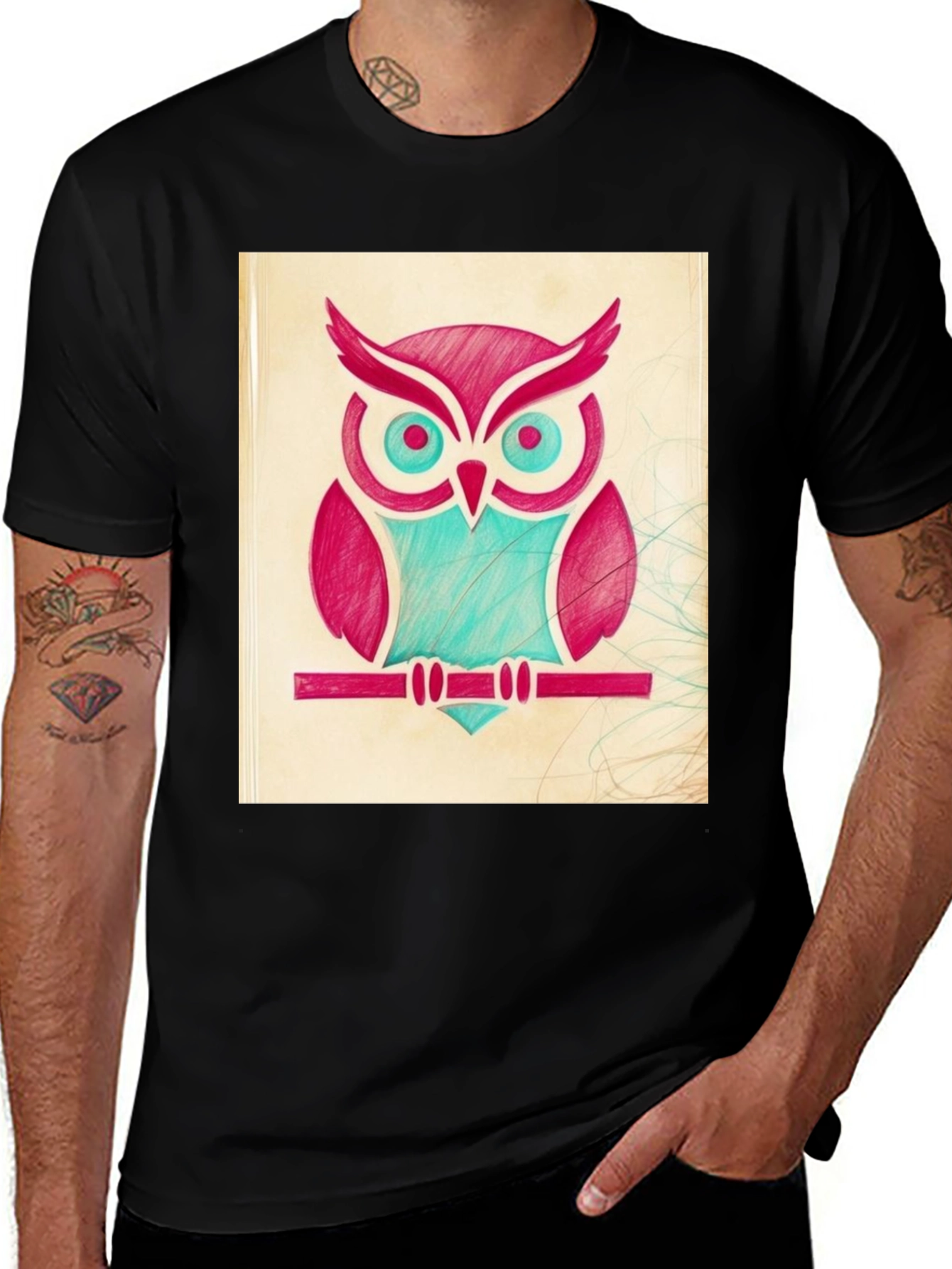 Variant 26 of Artistic Owl Graphic Tee - Quirky Black T-Shirt