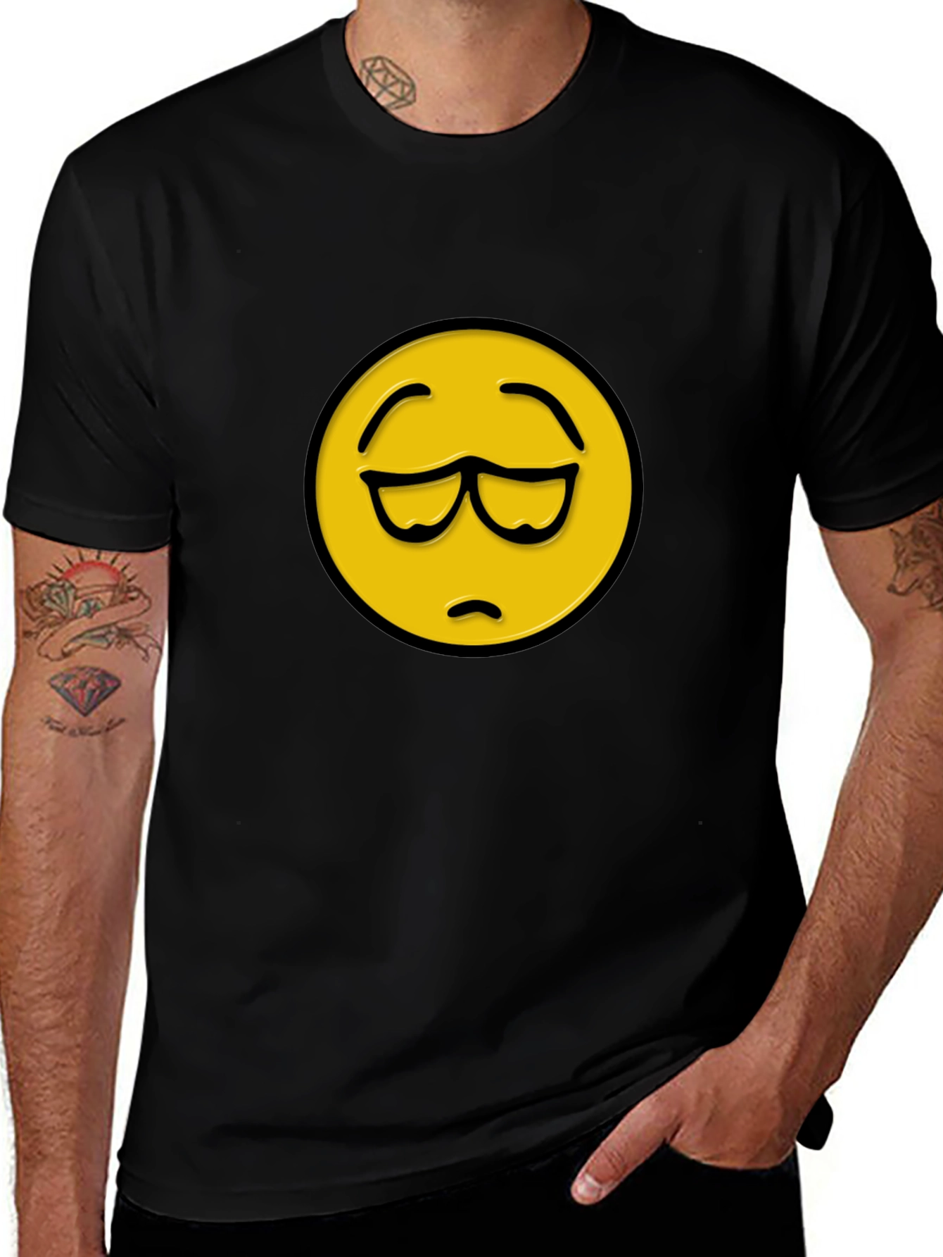 Sad Emoji Graphic Print Black T-Shirt