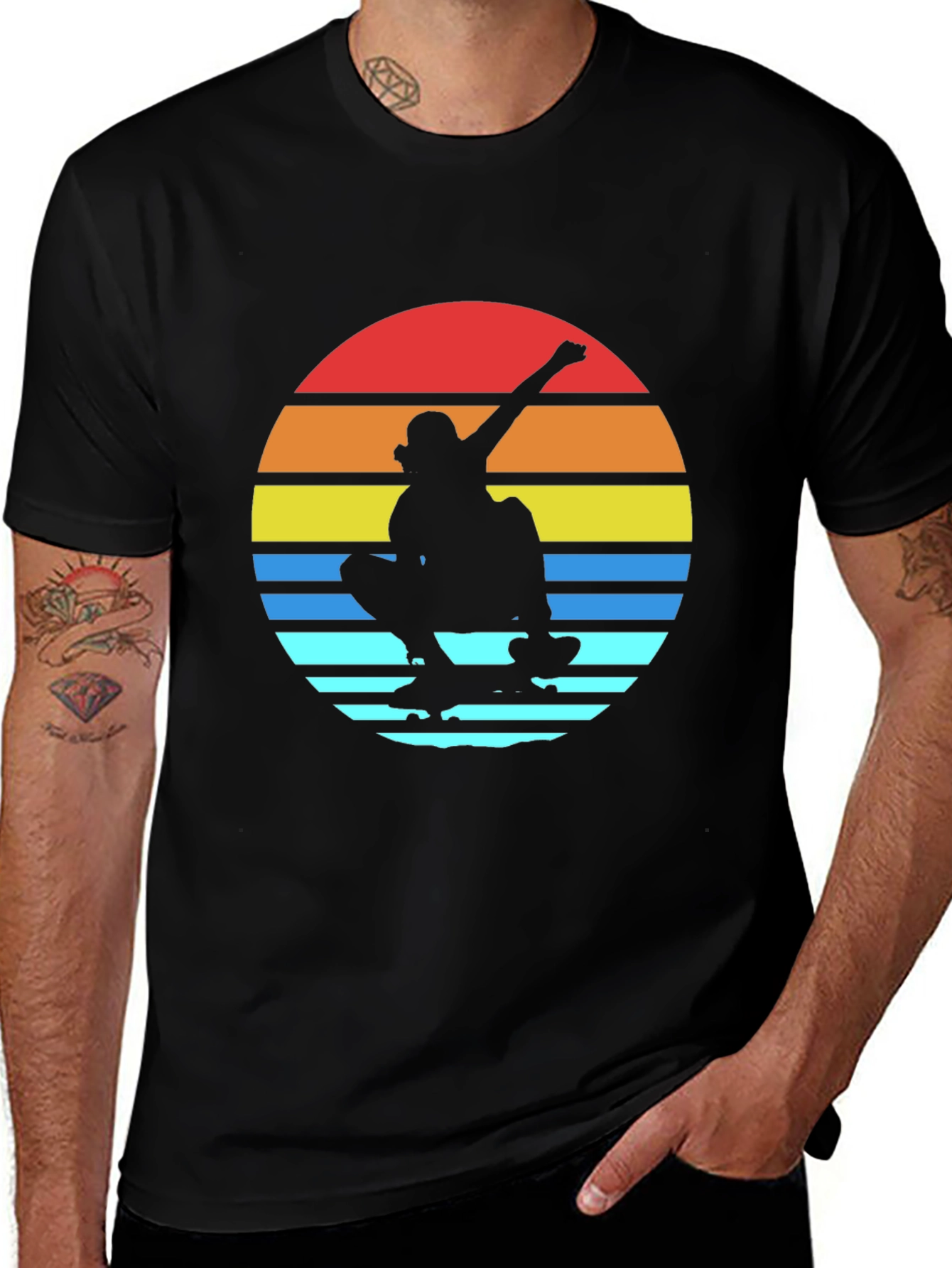 Variant 15 of Retro Sunset Skateboarder Black T-Shirt