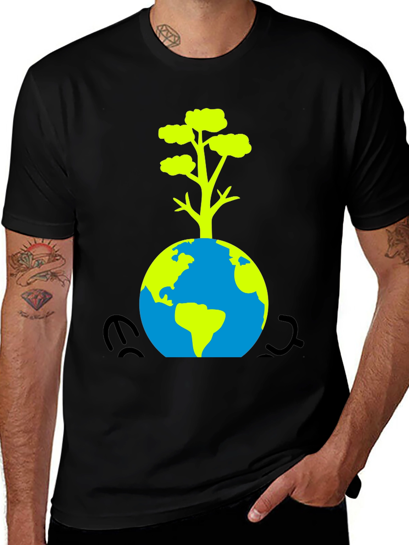 Eco-Friendly Black T-Shirt: Earth & Tree Design