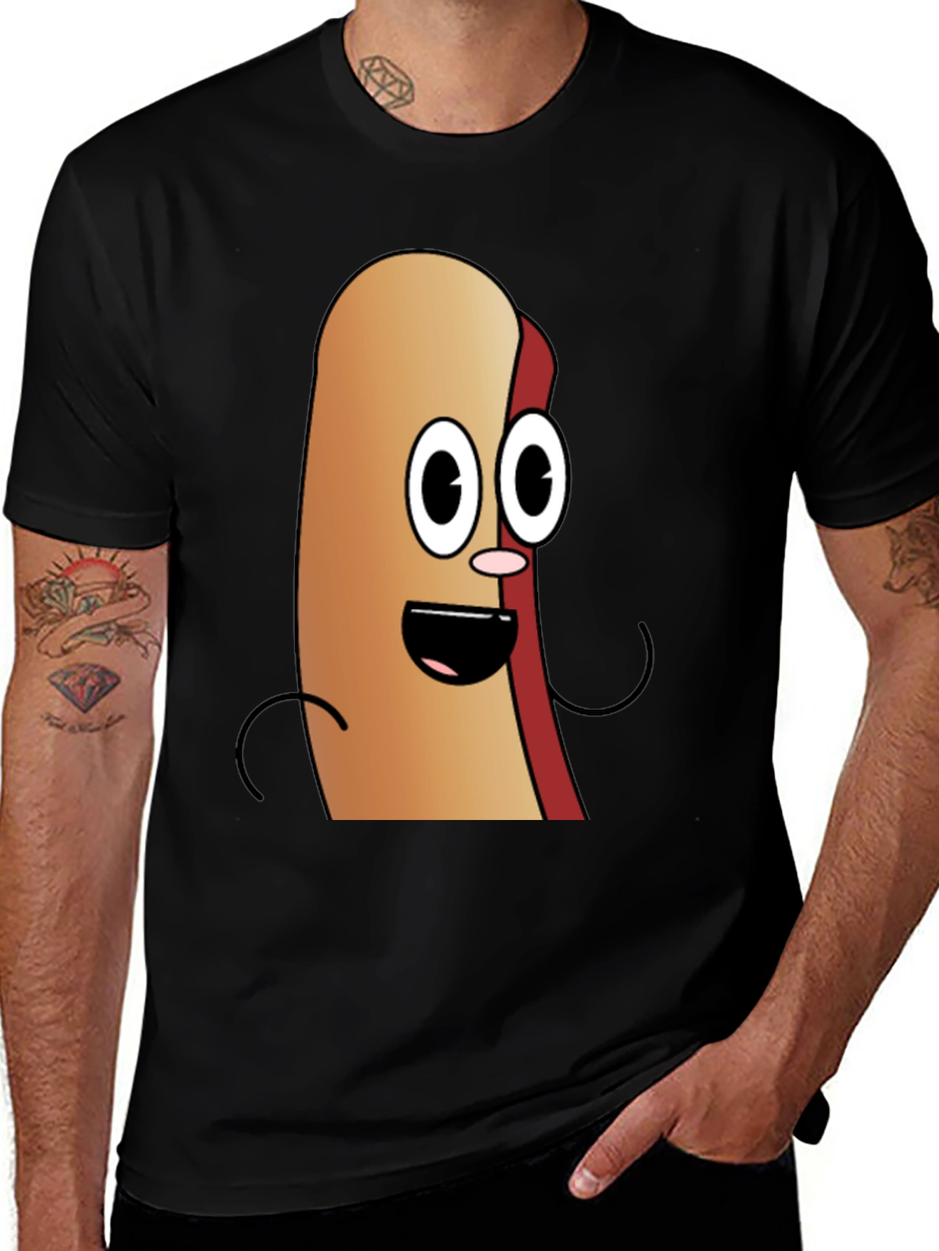 Variant 16 of Cartoon Hotdog Graphic Tee - Black Cotton T-Shirt