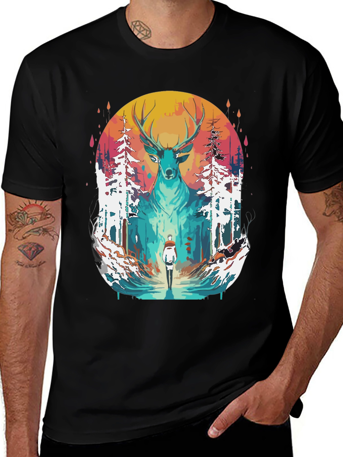 Variant 28 of Deer Graphic Print Black T-Shirt