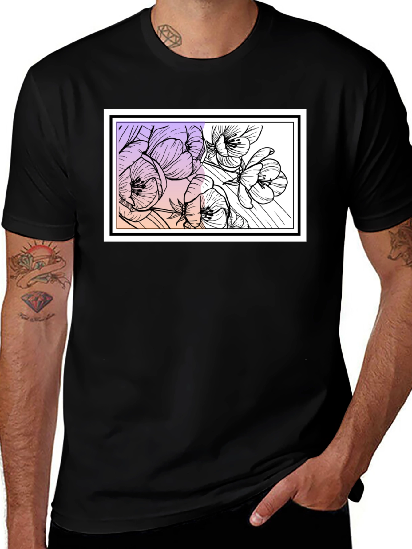Variant 17 of Floral Outline Graphic Tee - Stylish Black T-Shirt