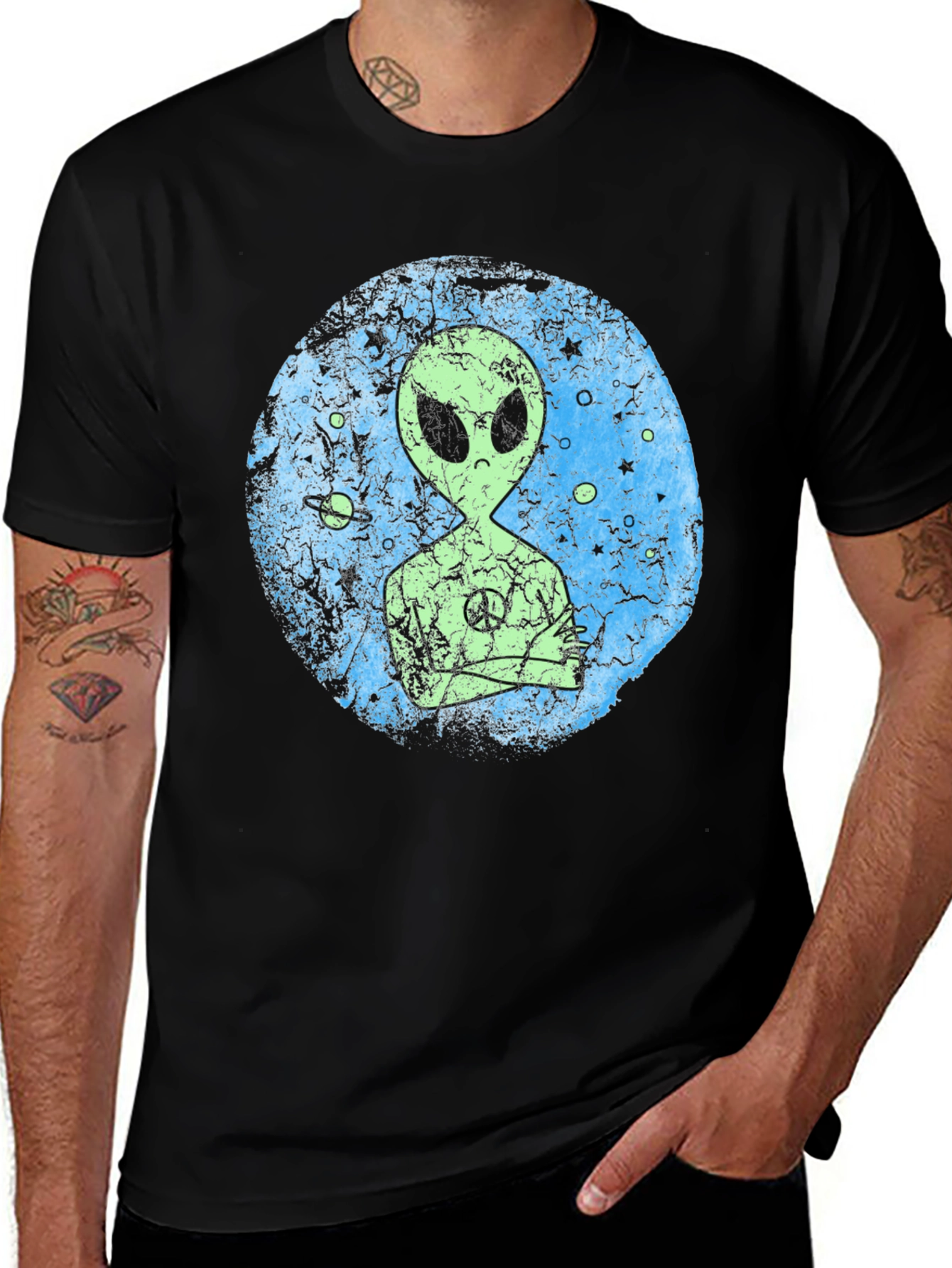 Variant 9 of Peace Alien Graphic Print Men's Black T-Shirt