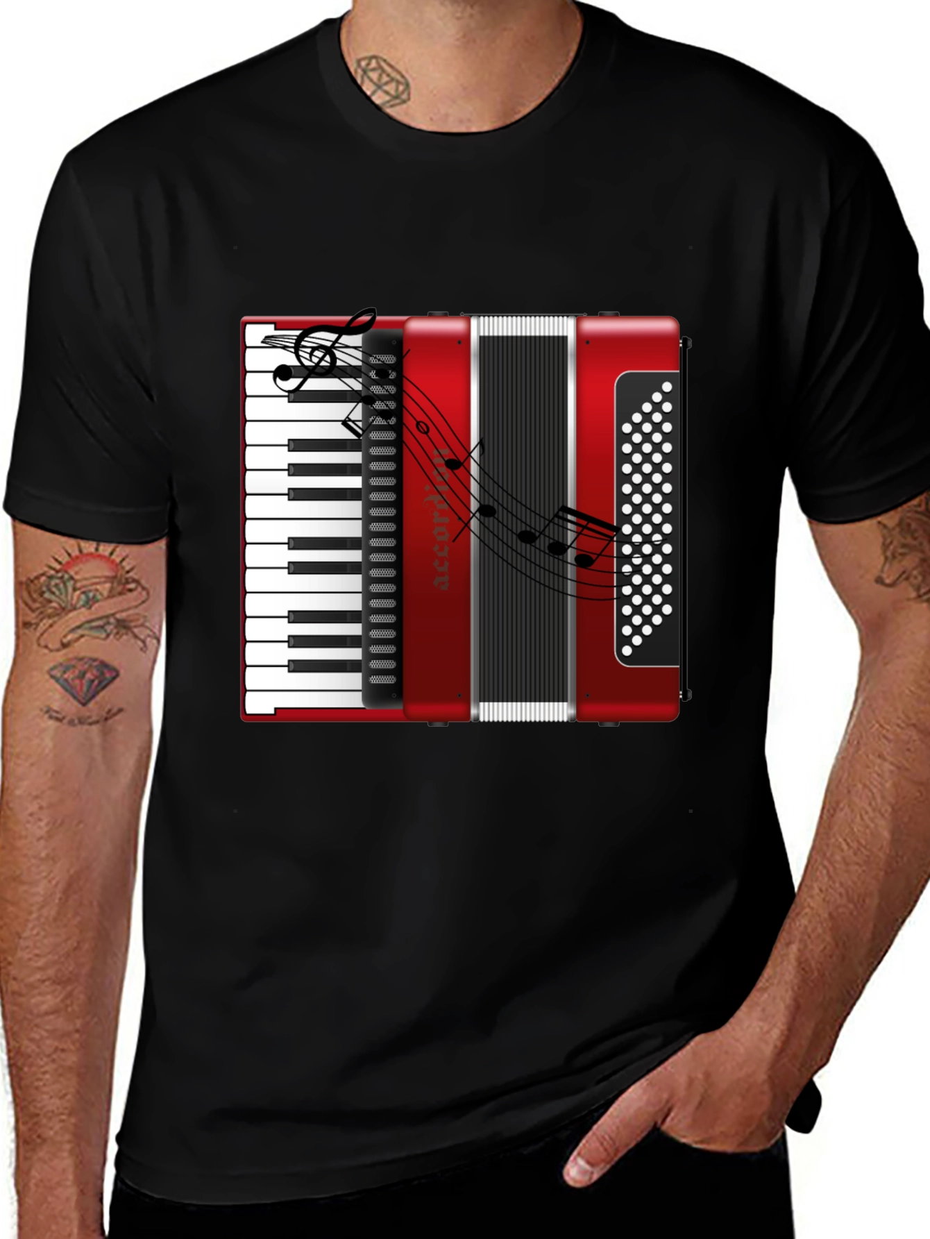 Musical Accordion Graphic Tee - Black Casual T-Shirt