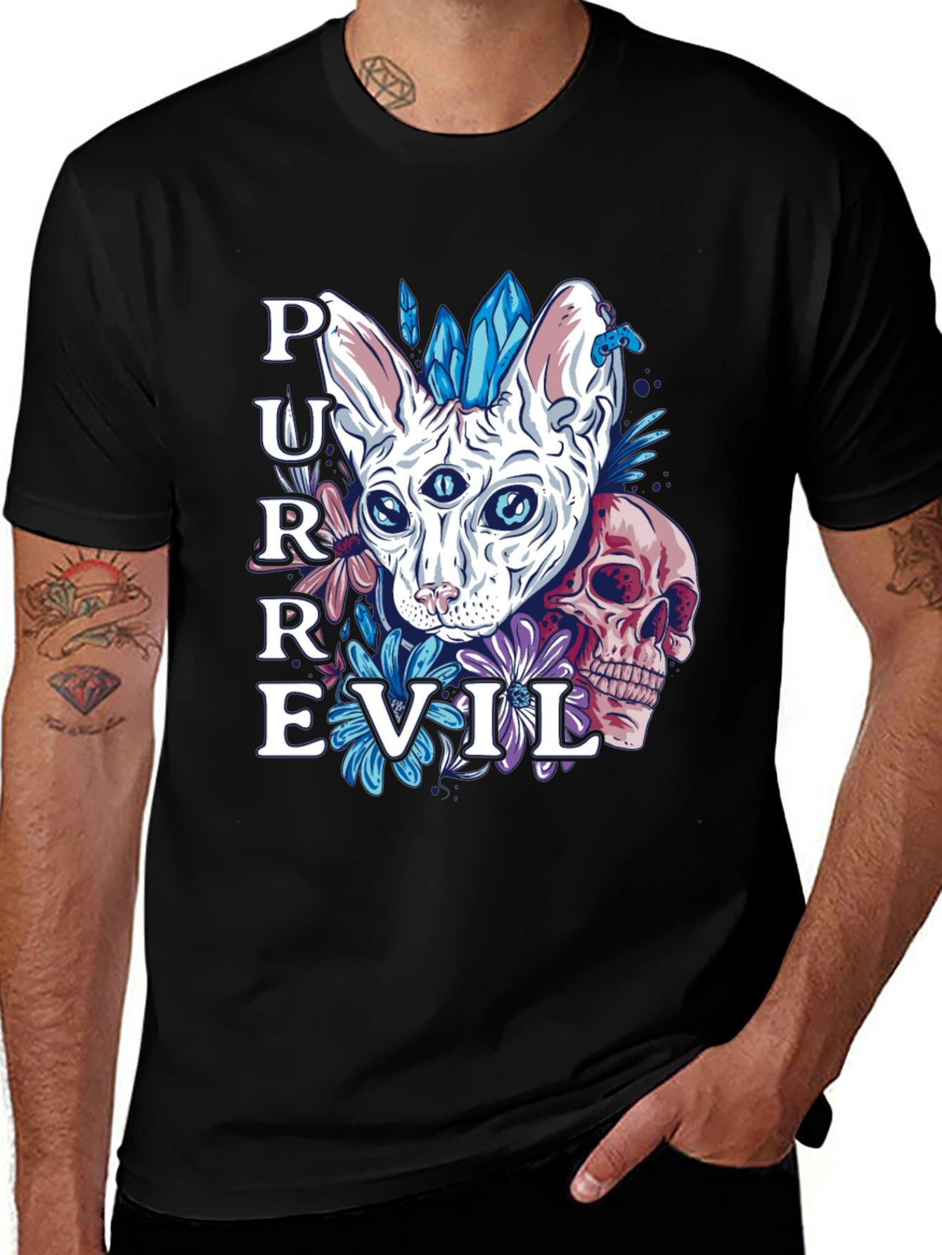 Variant 26 of Pure Evil Cat & Skull Graphic Tee - Unisex