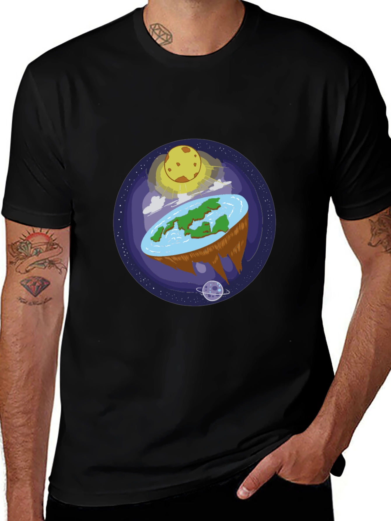 Black Flat Earth Graphic Tee - Black Cotton Shirt main image