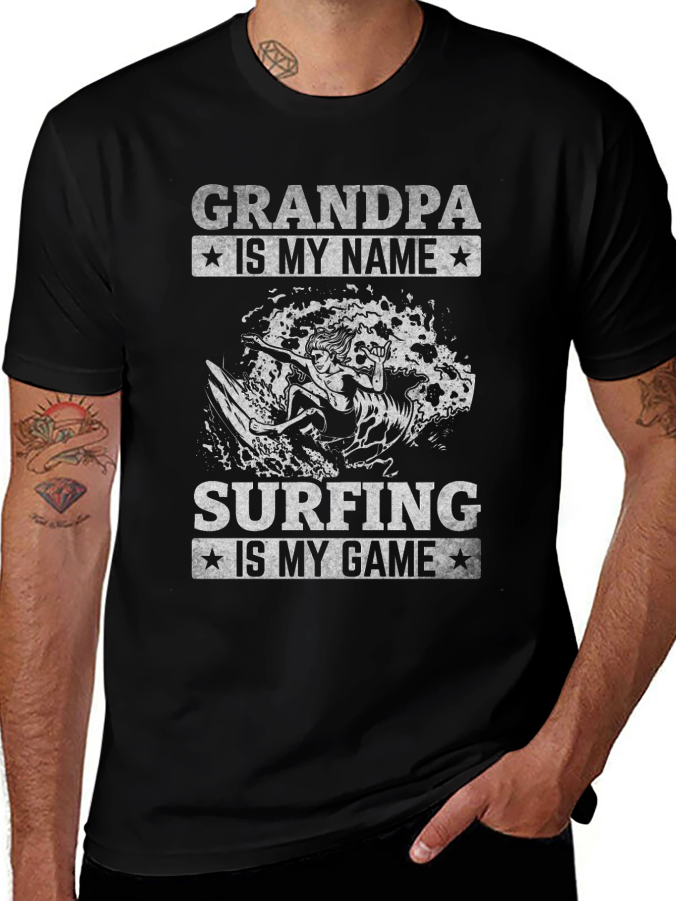 Variant 17 of Grandpa Surfing T-Shirt - Black Graphic Tee
