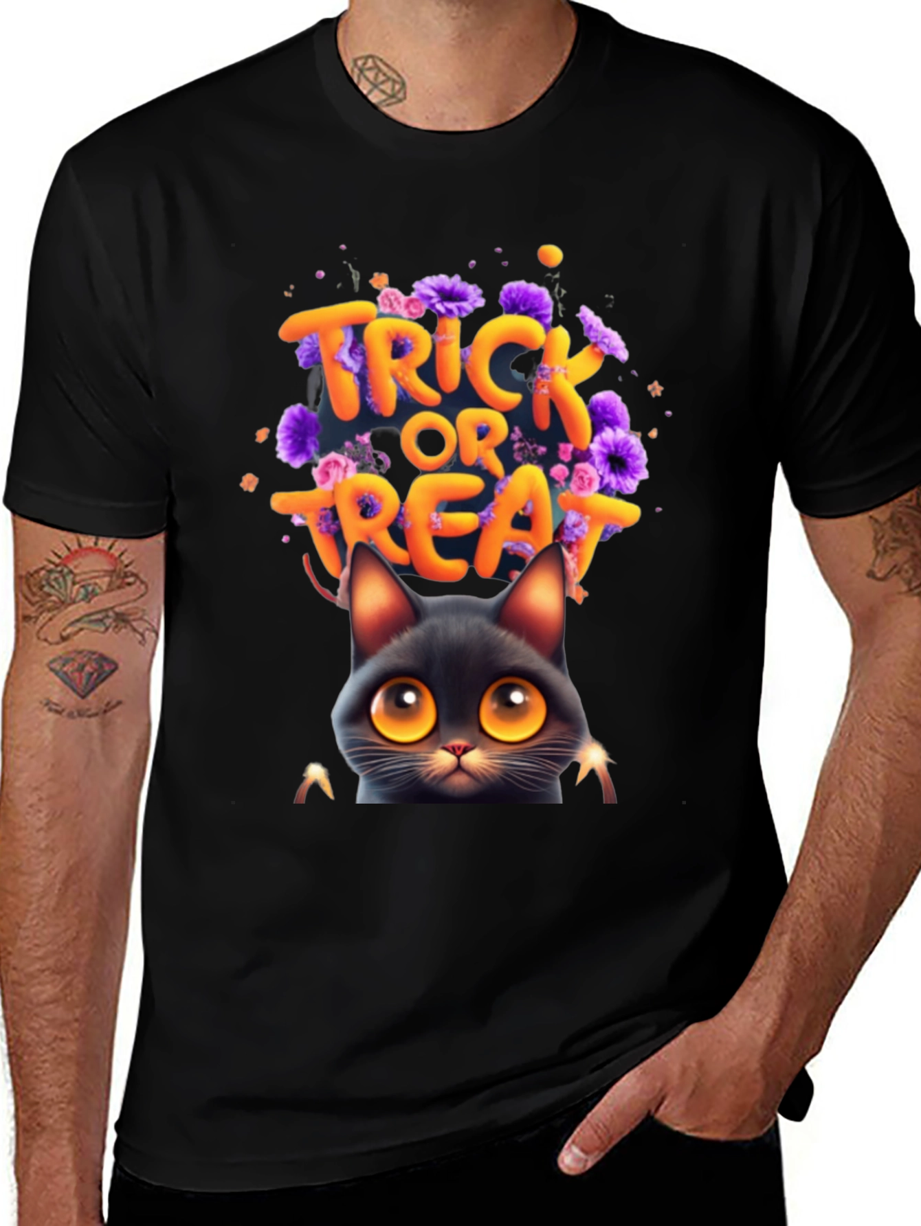 Halloween Cat 'Trick or Treat' Black T-Shirt