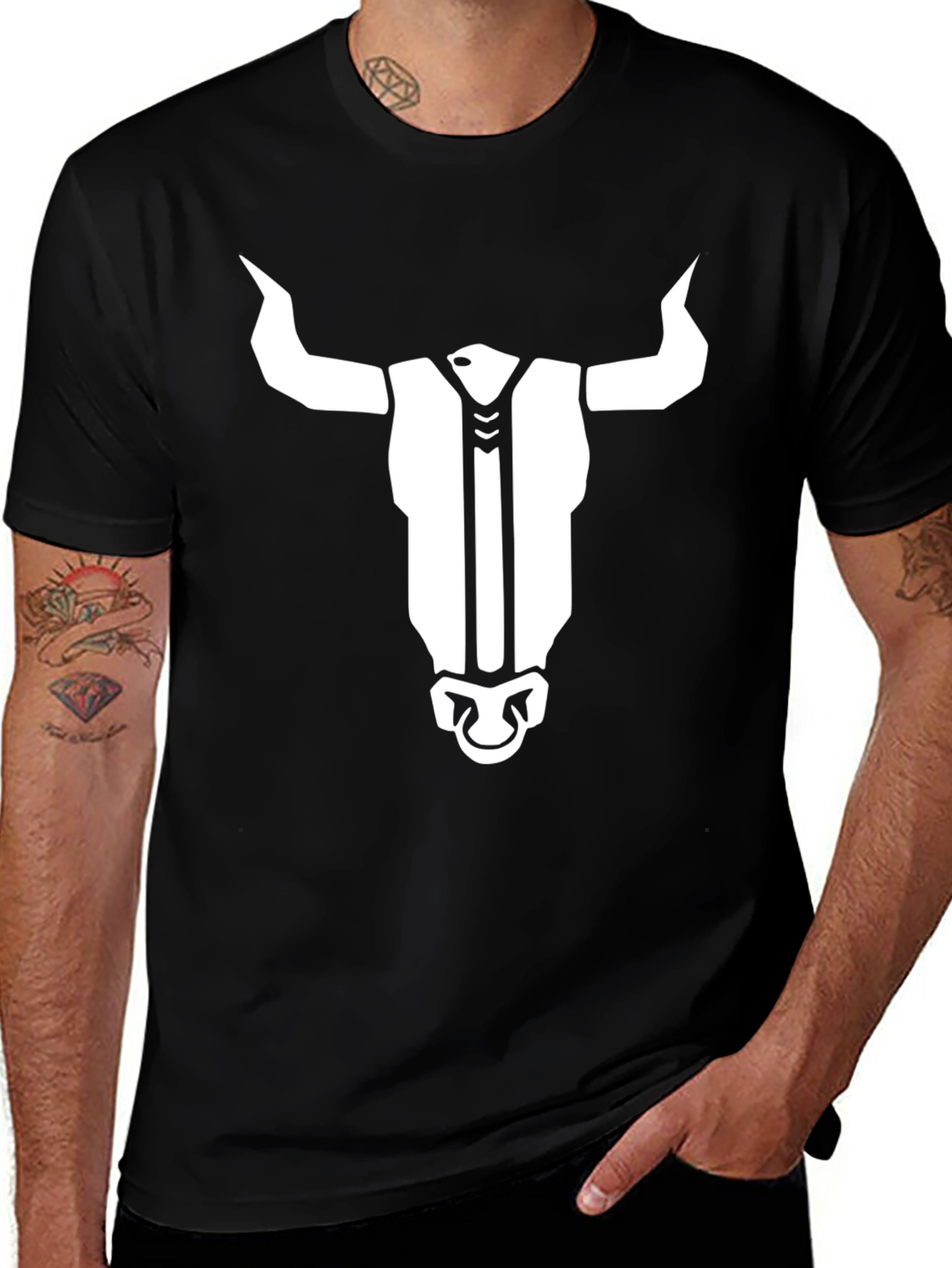 Black T-Shirt with Bull Head Graphic Print