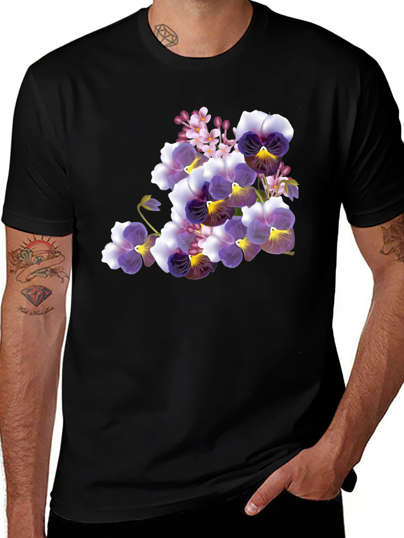 Variant 9 of Floral Pansy Print Black T-Shirt