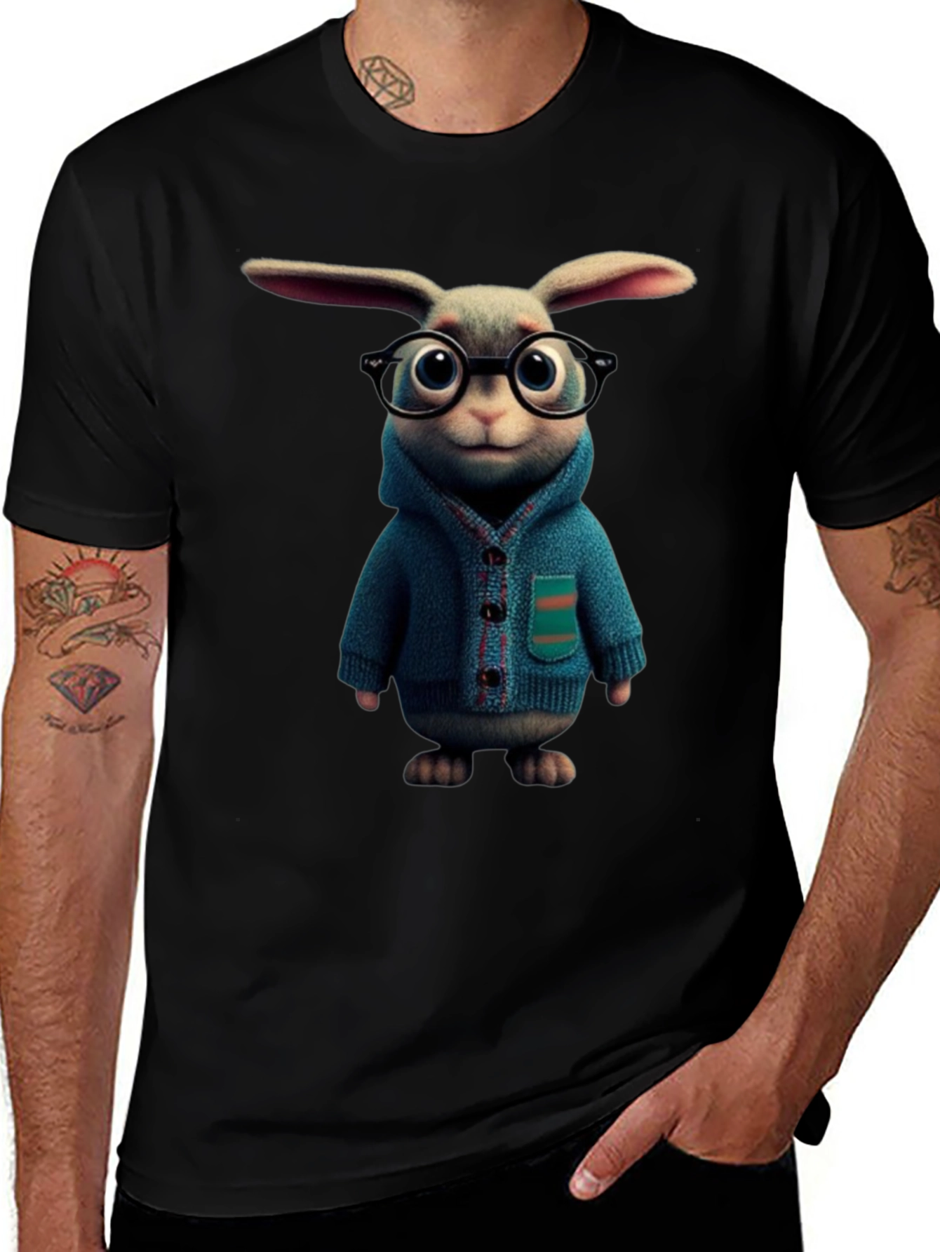 Variant 27 of Cartoon Rabbit T-Shirt - Black Cotton Blend