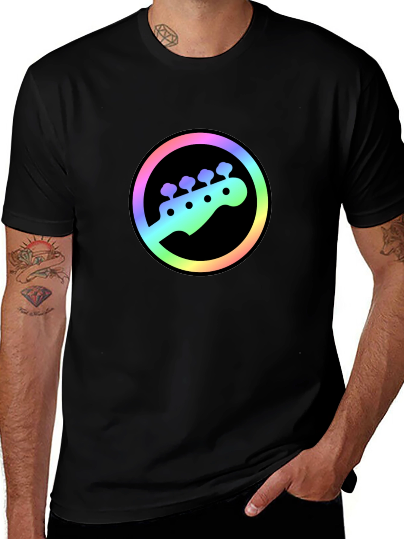 Bass Guitar Rainbow Circle Graphic T-Shirt