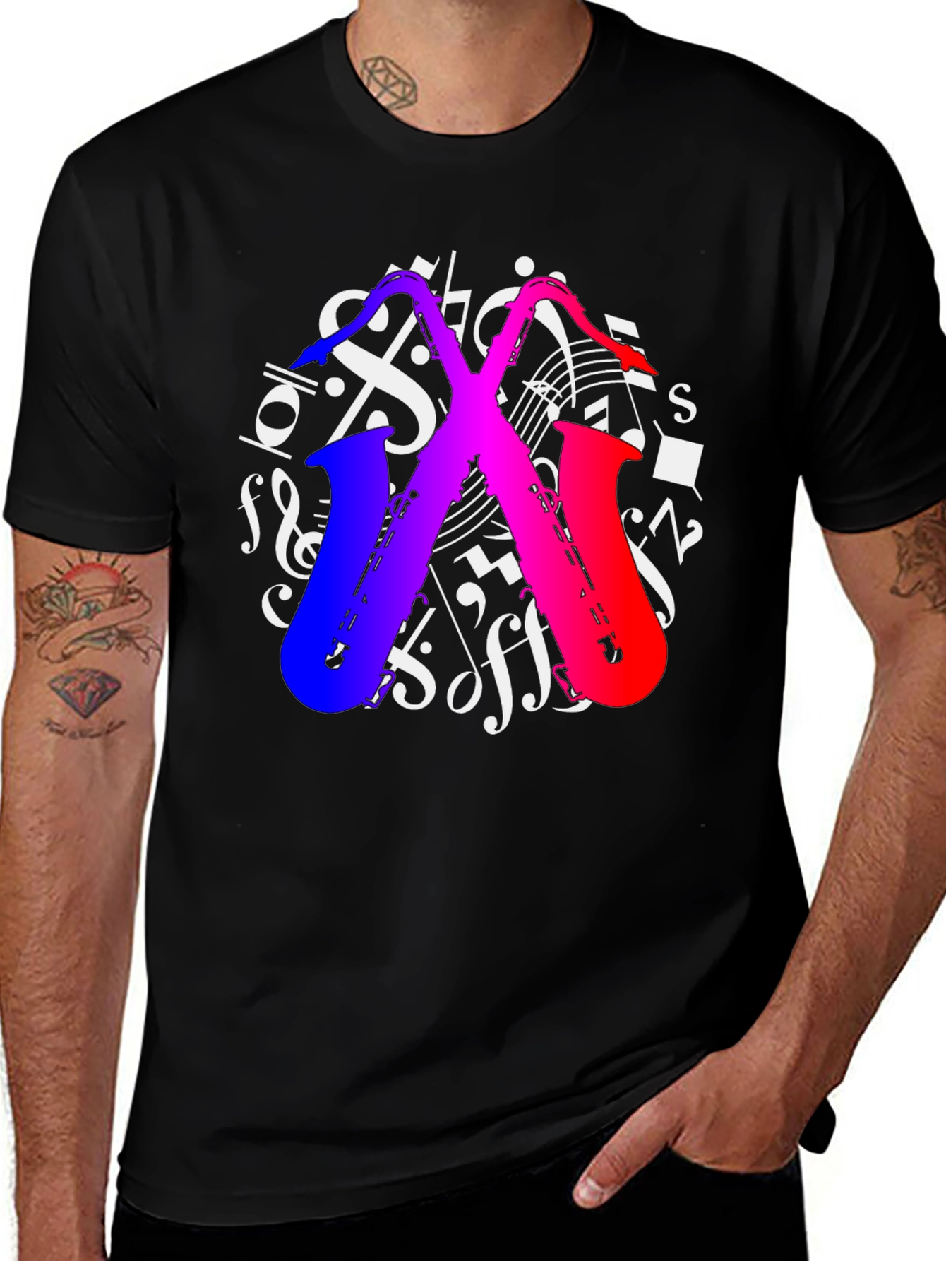 Variant 20 of Saxophone Music Notes Graphic T-Shirt - Black