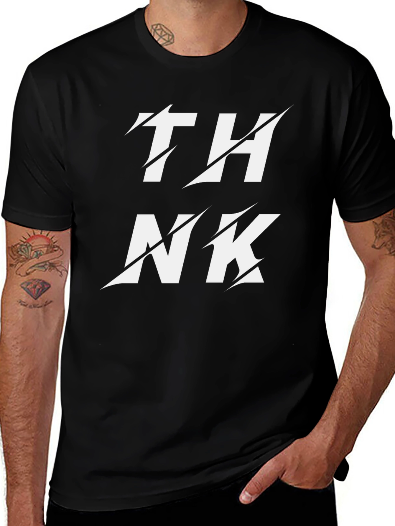 Black Edgy THINK Graphic Black T-Shirt - Unique Cutout Design main image