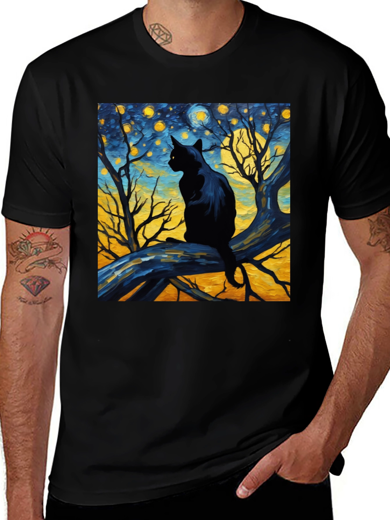 Variant 9 of Starry Night Cat Tee - Artistic Black Cat T-Shirt