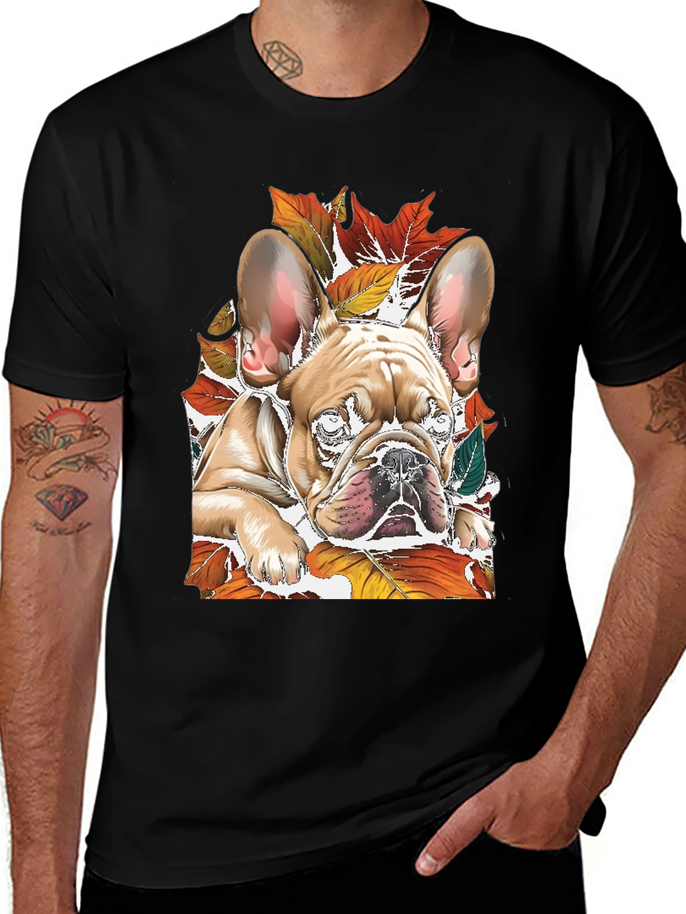 Variant 7 of Bulldog in Leaves Graphic Tee - Black