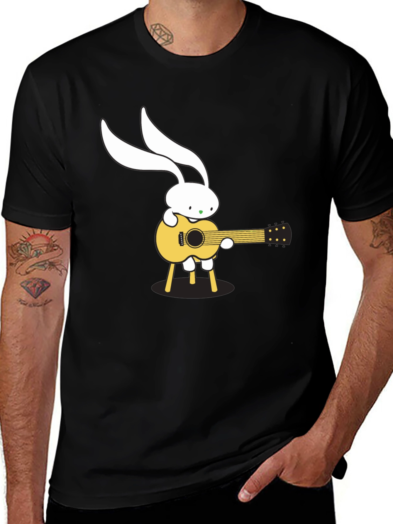 Variant 6 of Bunny Guitarist Graphic Tee - Black Cotton T-Shirt