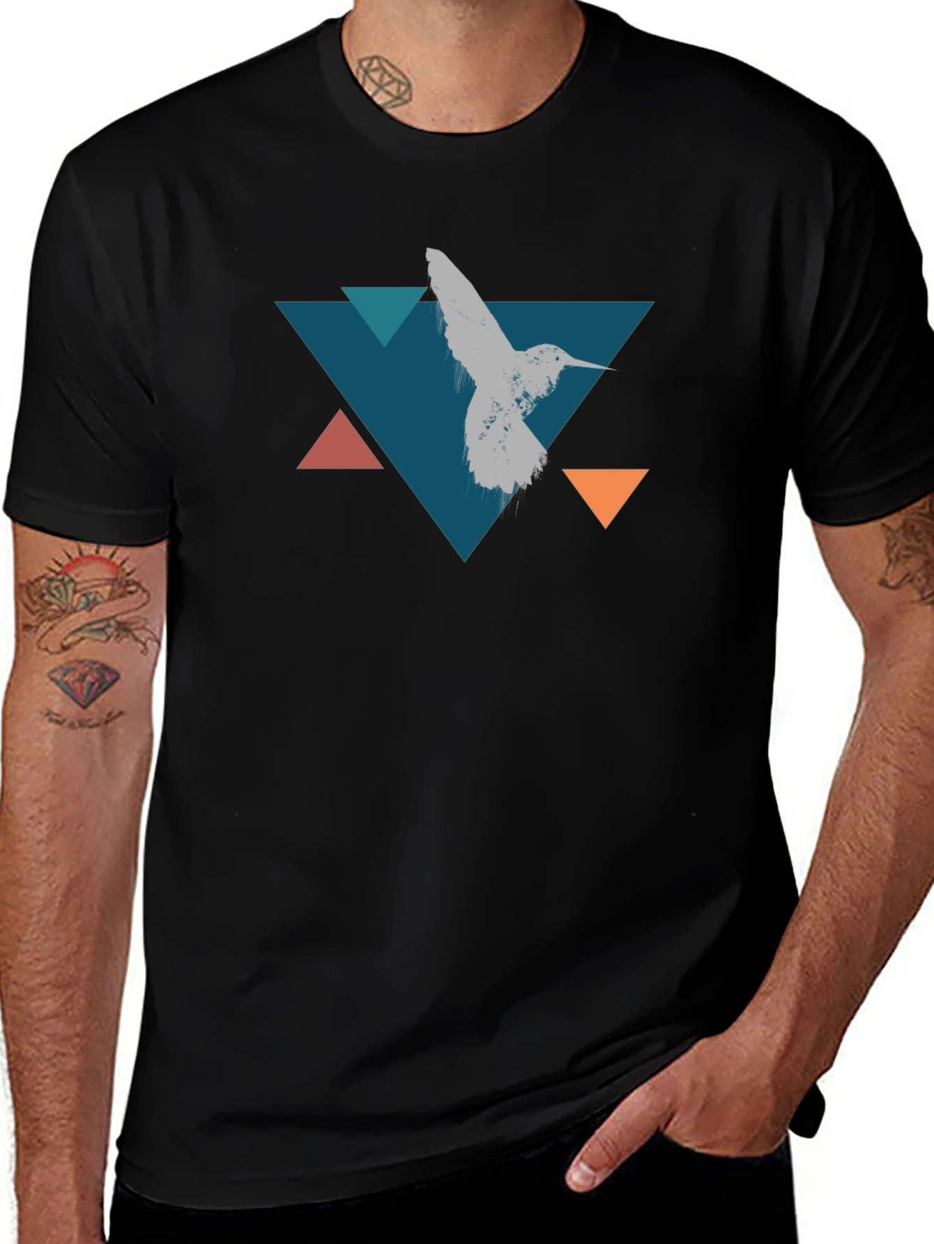 Variant 8 of Geometric Hummingbird T-Shirt - Stylish Black Tee